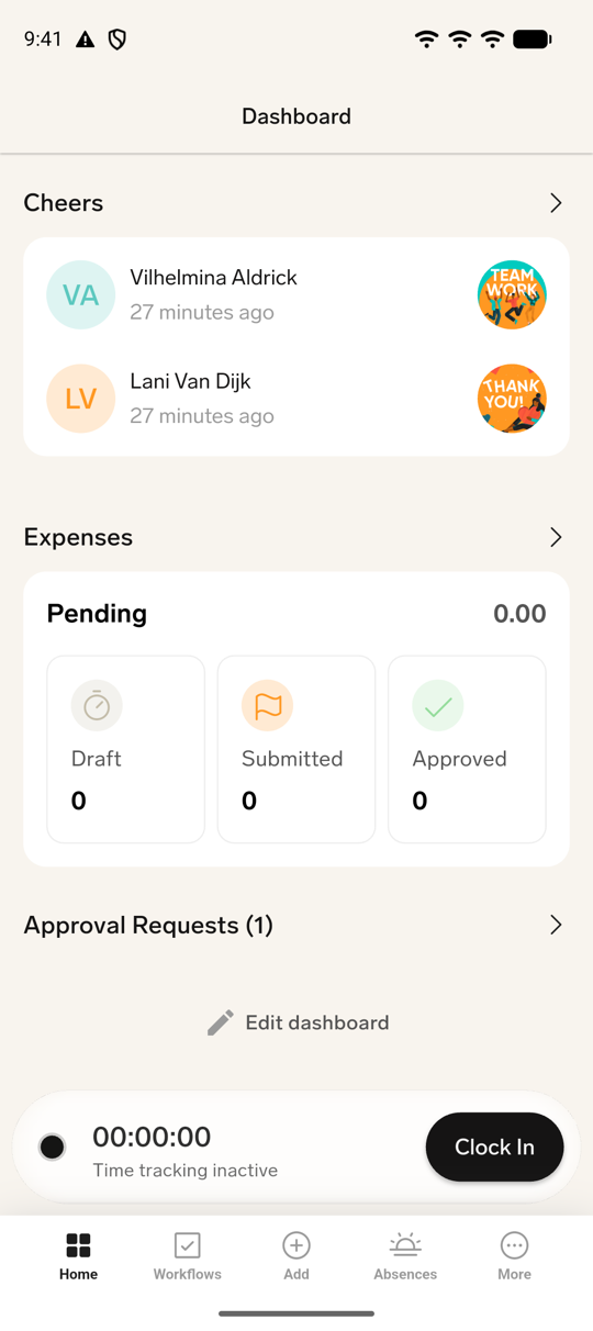 Der untere Bereich des Startseite-Dashboards auf dem Mobilgerät mit den Widgets Cheers, Ausgaben und Genehmigungsanfragen sowie dem Link „Dashboard bearbeiten“