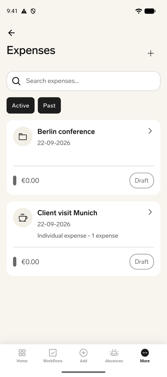 Der mobile Bildschirm Expenses mit einem Gruppeneintrag (Ordnersymbol) über einem Eintrag Individual expense