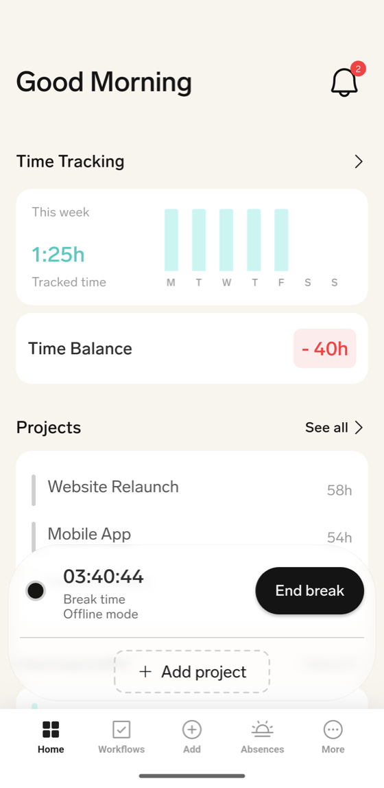 Die Tracker-Leiste auf dem Startbildschirm der flair Mobile App mit Offline-Modus unter dem Erfassungsstatus