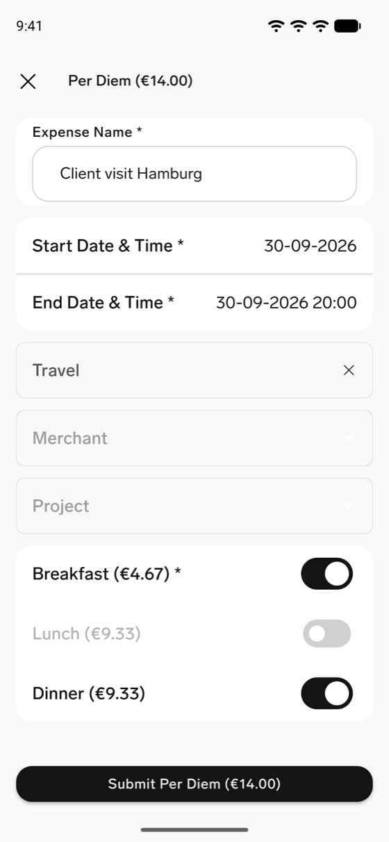 Das Tagesgeld-Formular in der flair mobile App mit Mahlzeitenbeträgen in den Bezeichnungen Frühstück, Mittags und Abendessen, wobei Mittags ausgeschaltet und ausgegraut ist