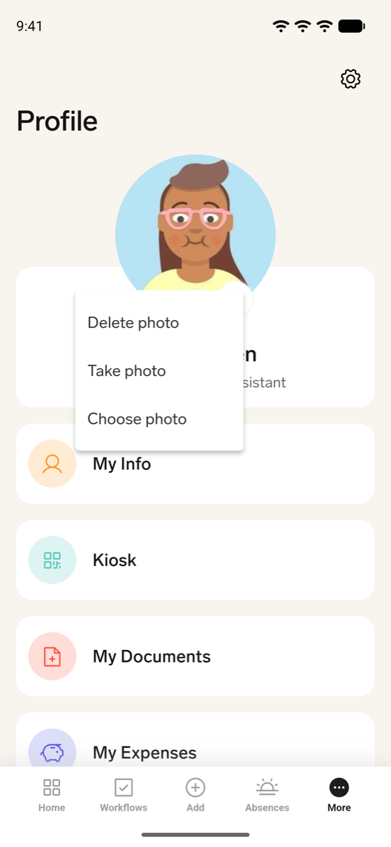 Der Bildschirm Profil in der flair Mobile App mit geöffnetem Bildmenü und den Einträgen Lösche das Bild und zweimal Wähle ein Bild aus
