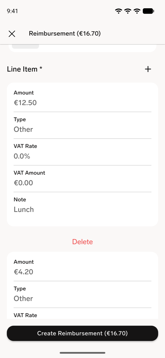 Ein Erstattungsformular in der flair mobile App mit zwei Positionen, die Betrag, Art, MwSt.-Satz, MwSt.-Betrag und Notiz zeigen