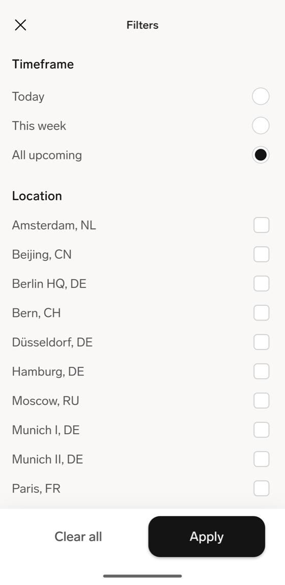Das Blatt Filter für Teamabwesenheiten in der flair Mobile App mit den Optionen Zeitraum und Standort, Alle löschen und Anwenden