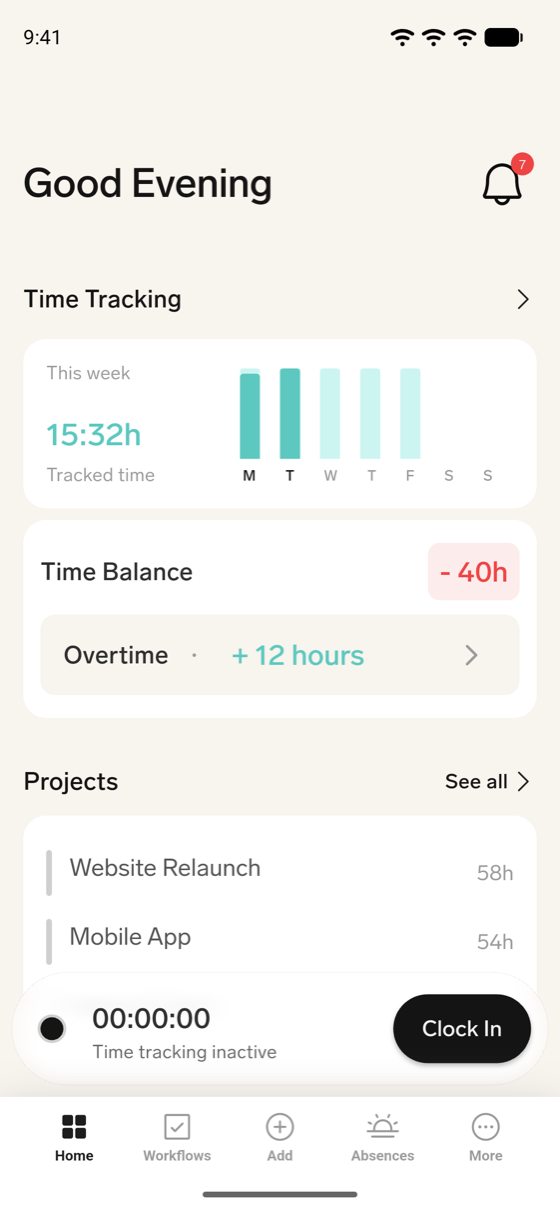 Die Karte Time Balance auf dem Startbildschirm der Mobile App mit der Summe und einer Kachel für eine Freizeitausgleich-Kategorie