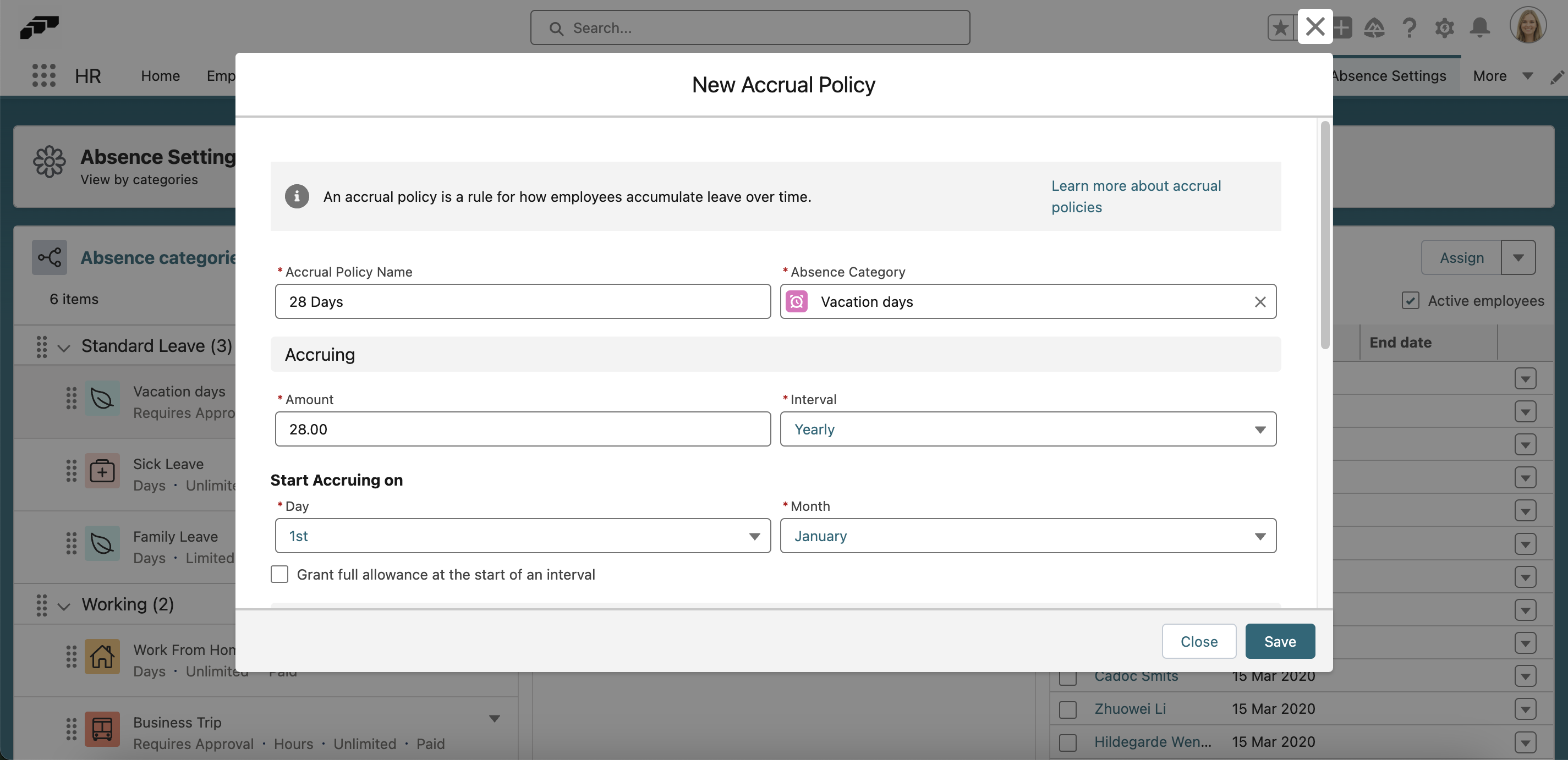 Definieren Sie die zu erwerbende Abwesenheitsmenge und das Intervall, in dem sie erworben wird