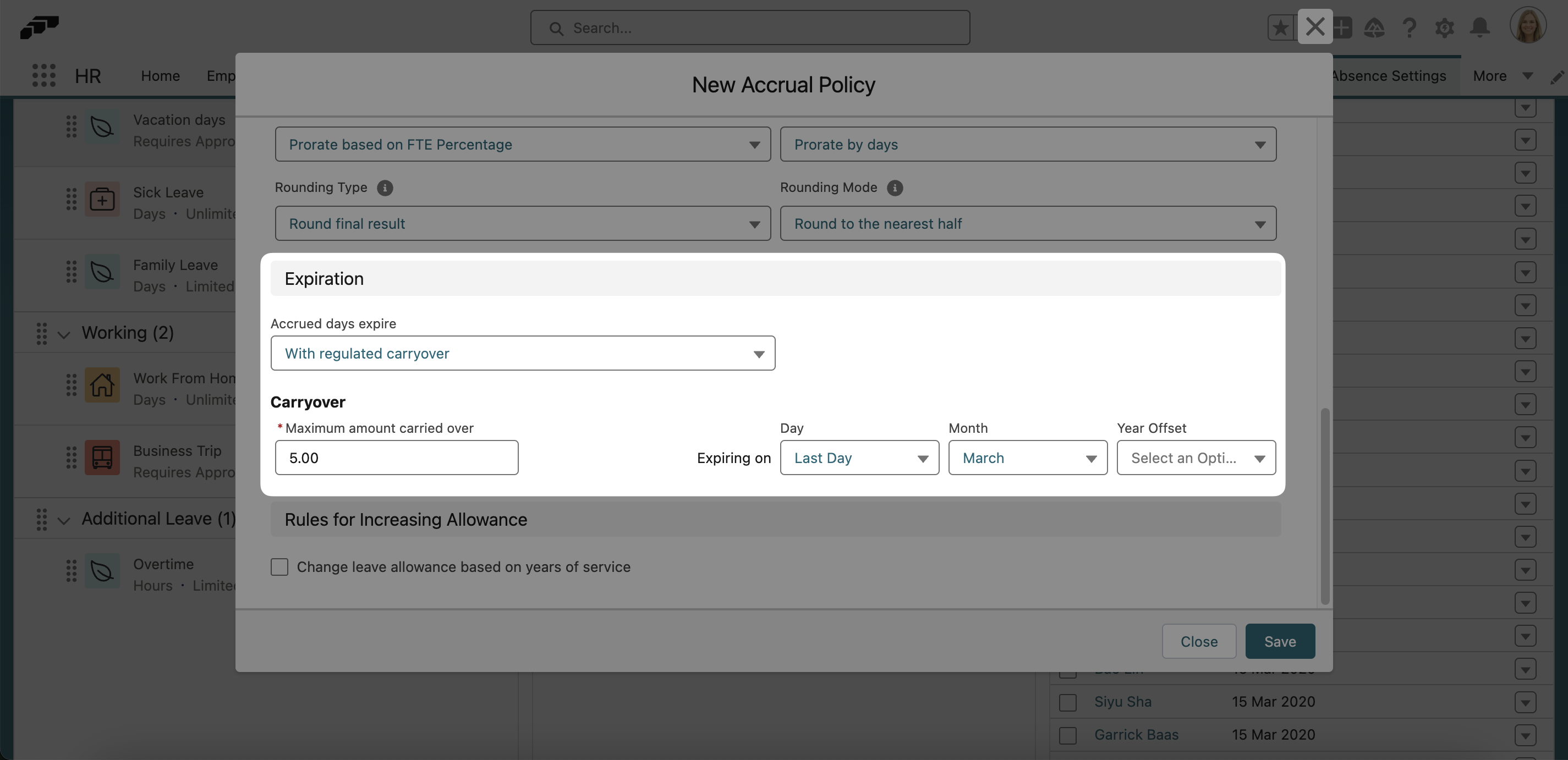 Definieren Sie, ob Abwesenheitsanspruch übertragen werden kann und wann er verfallen soll