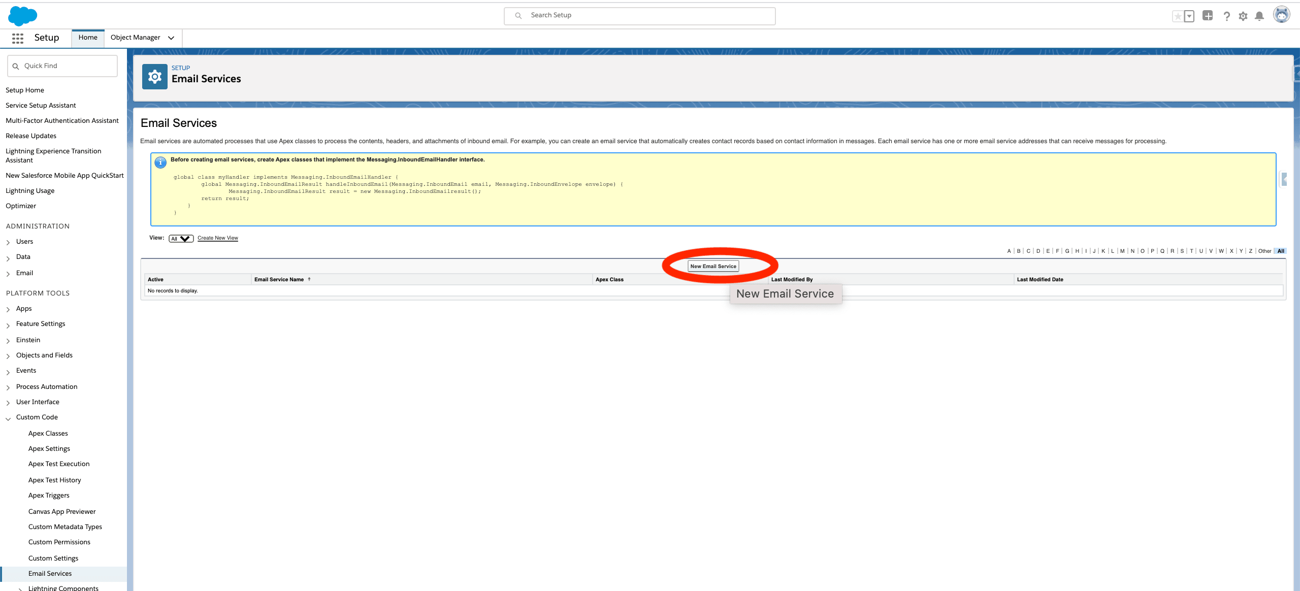 Aktion New Email Service in Salesforce Setup