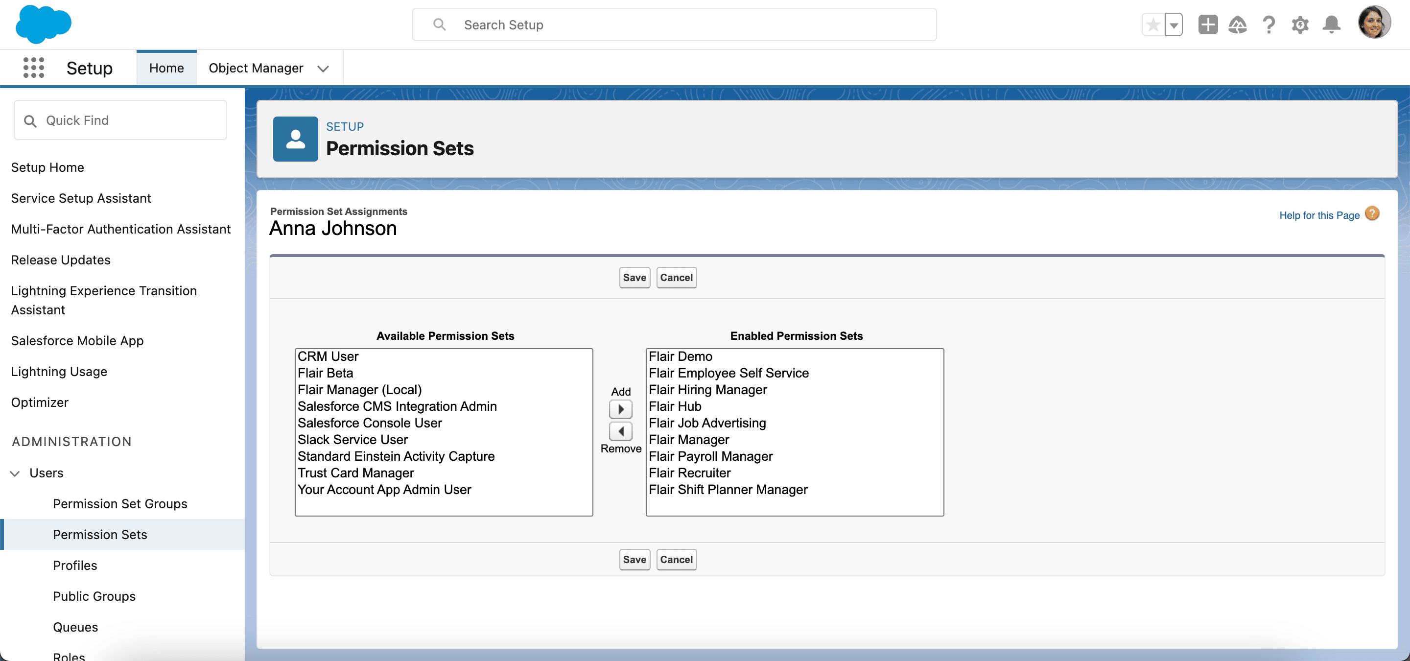 Dem Integration User zugewiesene Permission Sets Flair Manager und Flair Hub