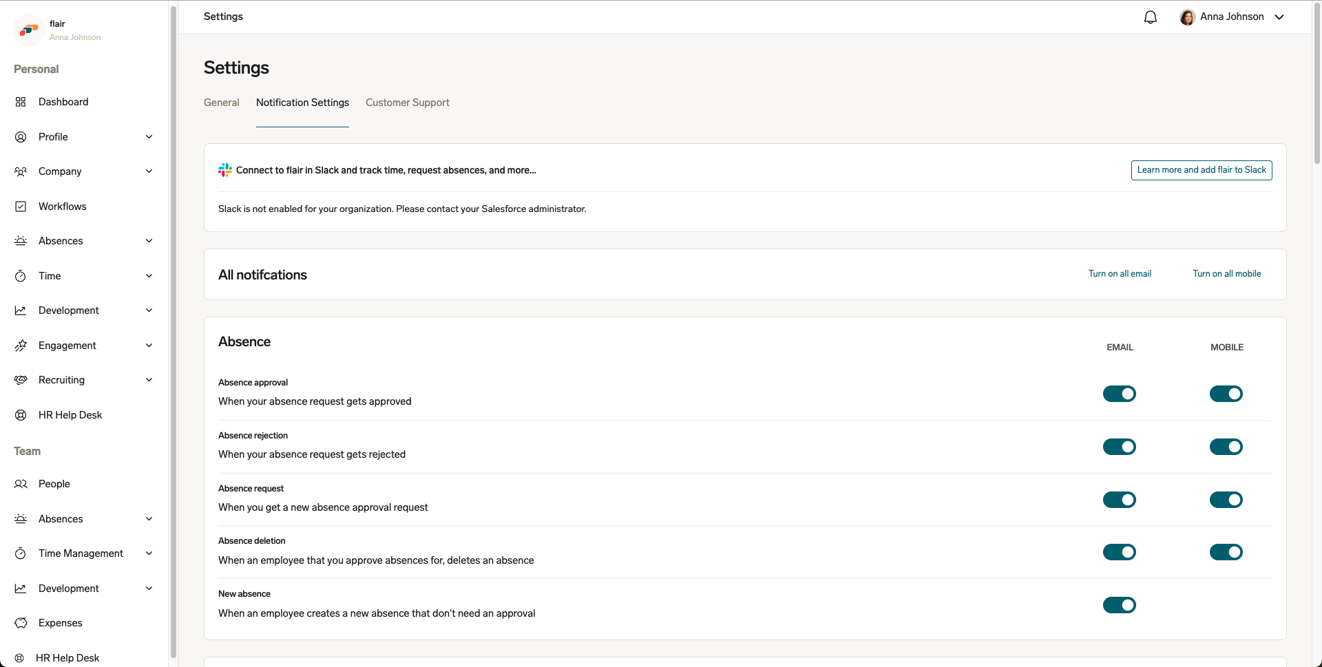 Notification settings in the flair Employee Hub