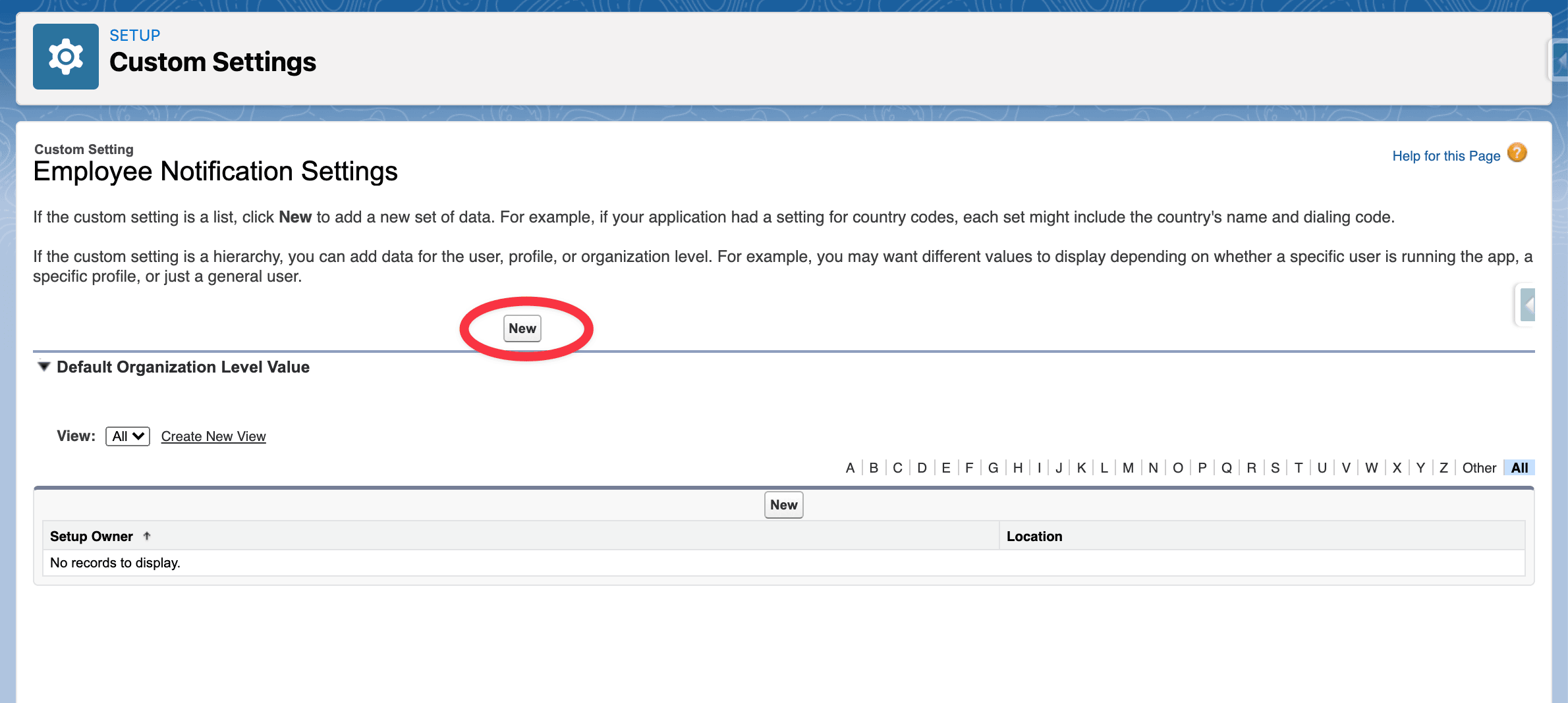 Aktion New für einen Employee Notification Settings-Eintrag