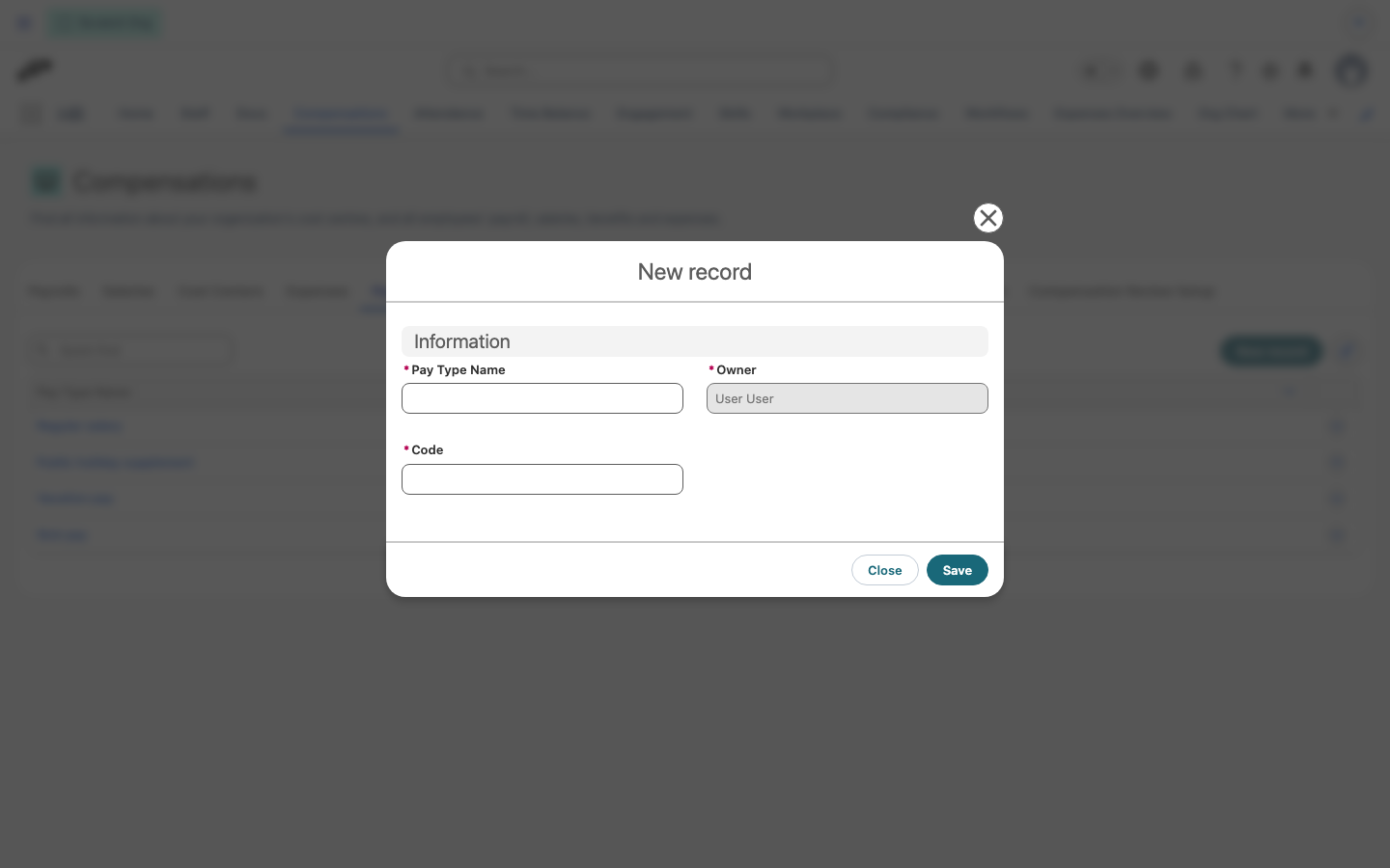 Der Unter-Tab Lohnarten unter Vergütungen mit geöffnetem Modal Neu und den Feldern Pay Type Name und Code