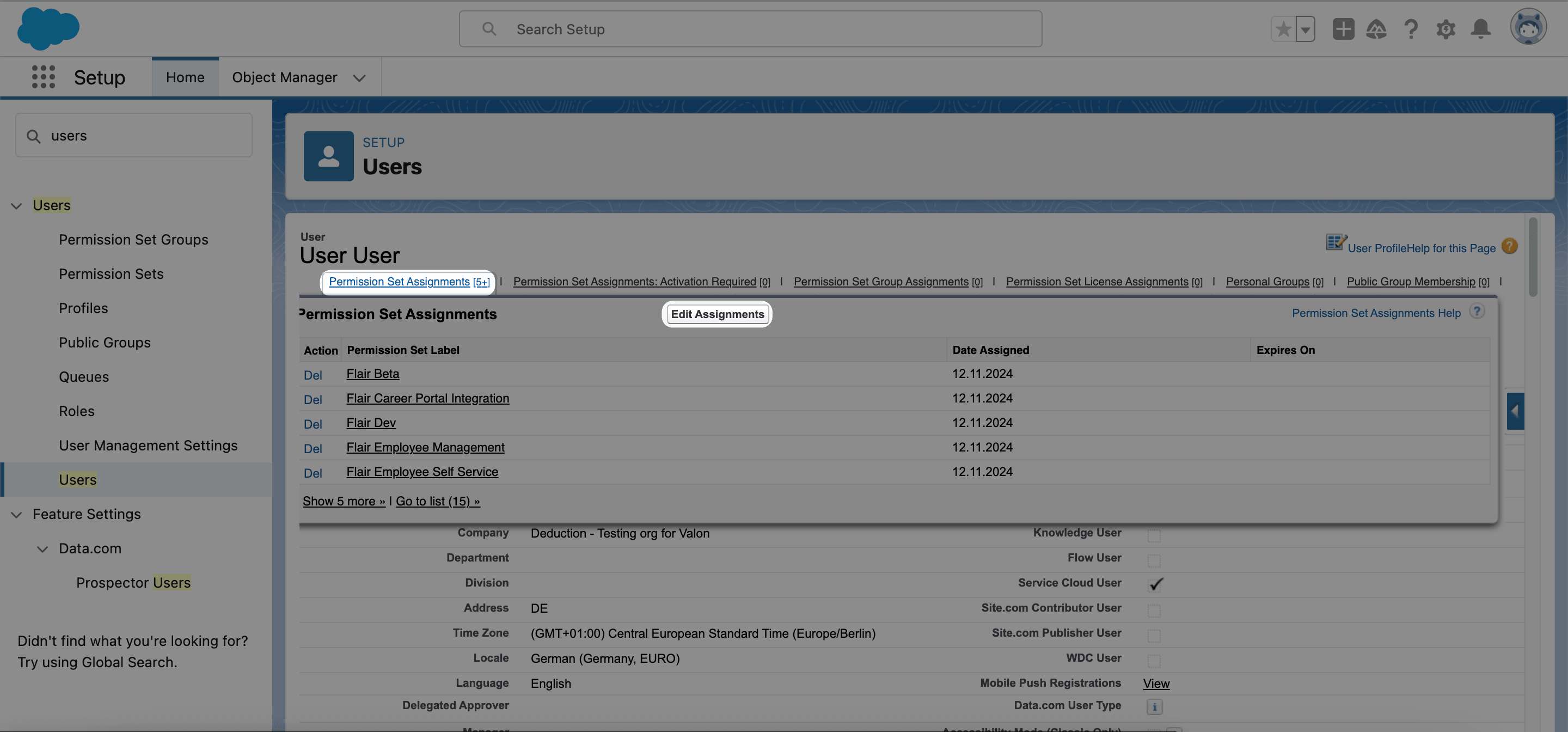 Aktion Edit Assignments für den Integration User
