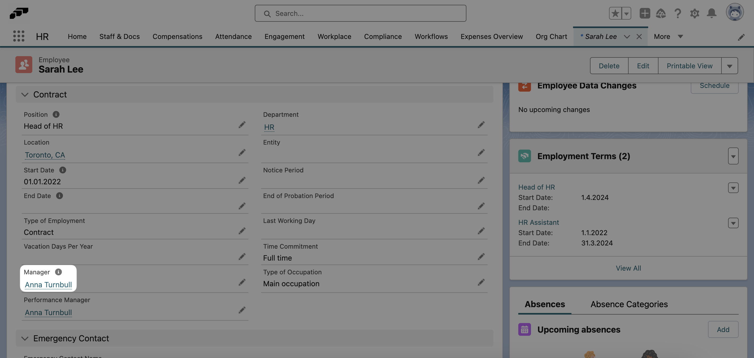 Viewing an employee's manager in the Employee record