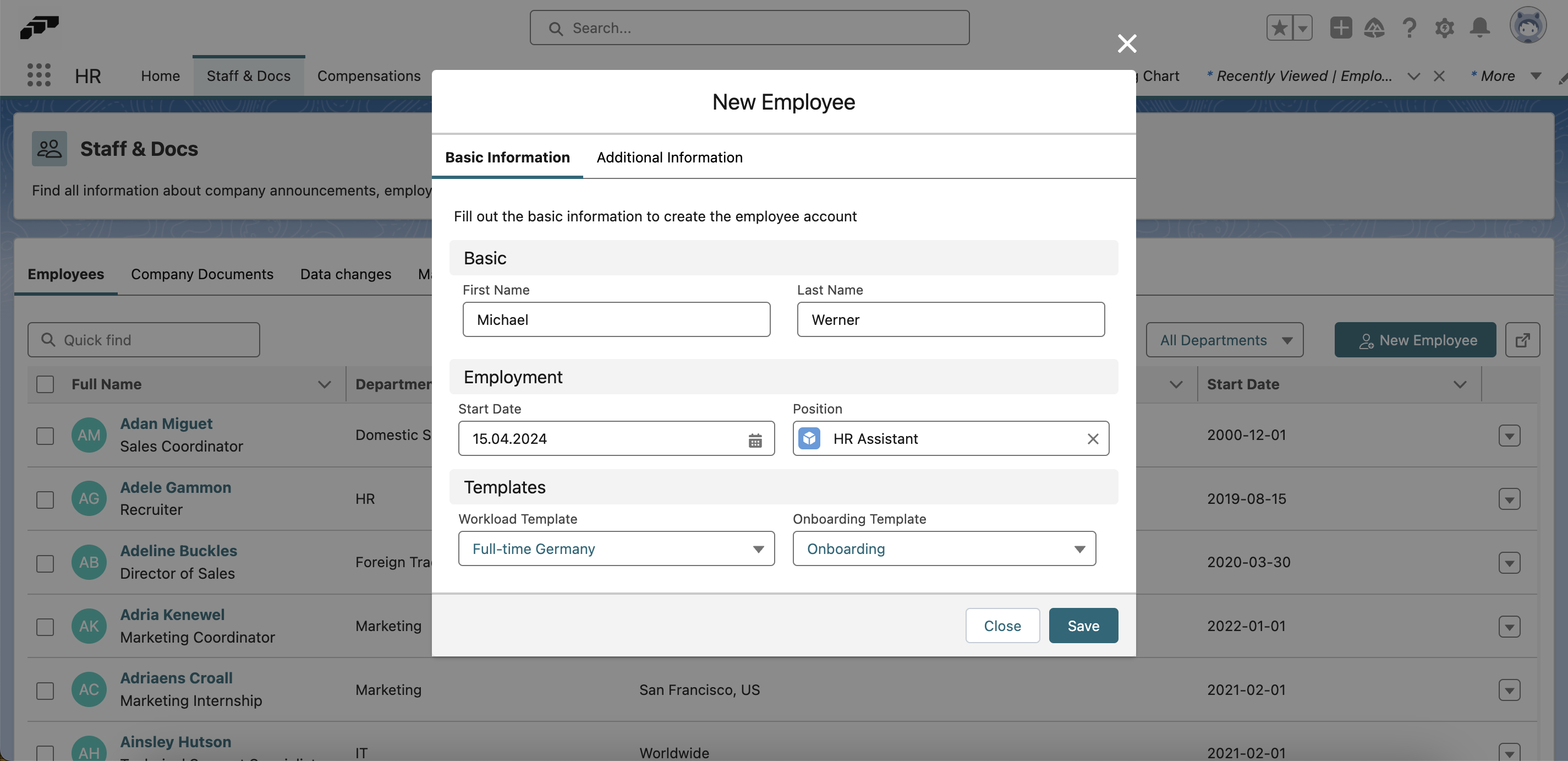 Filling in an employee's basic information in flair