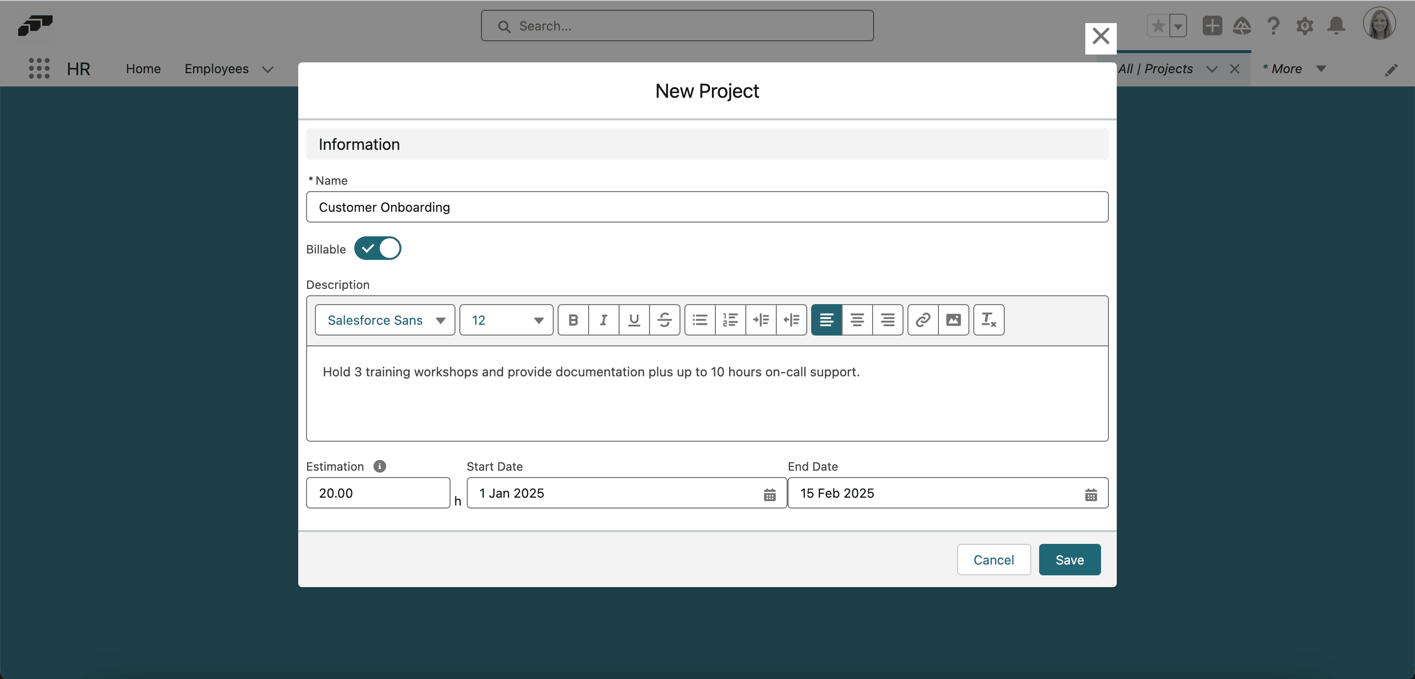 Die Aktion zum Erstellen eines Projekts in Salesforce