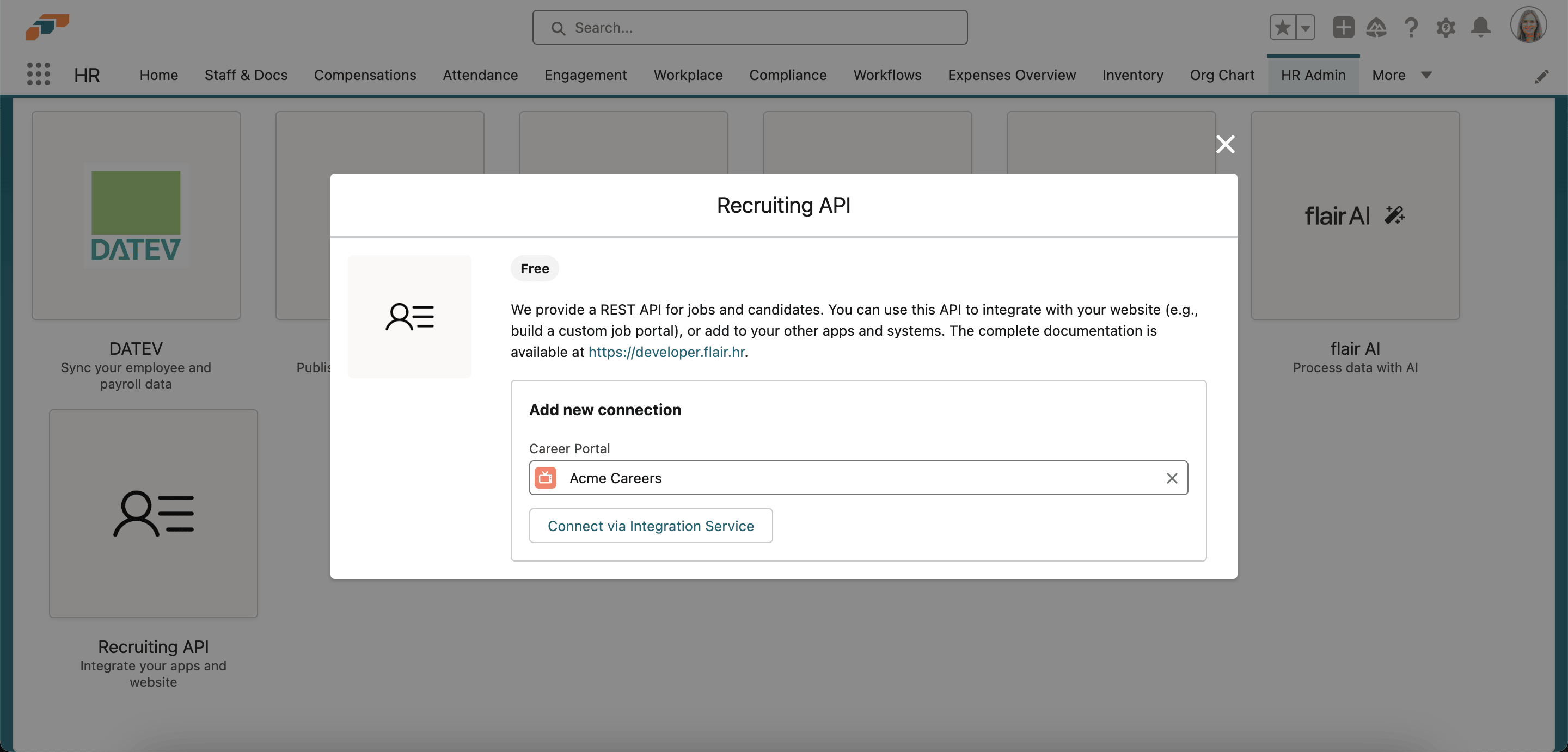 Der Dialog Recruiting API mit dem Feld Career Portal und Connect via Integration Service