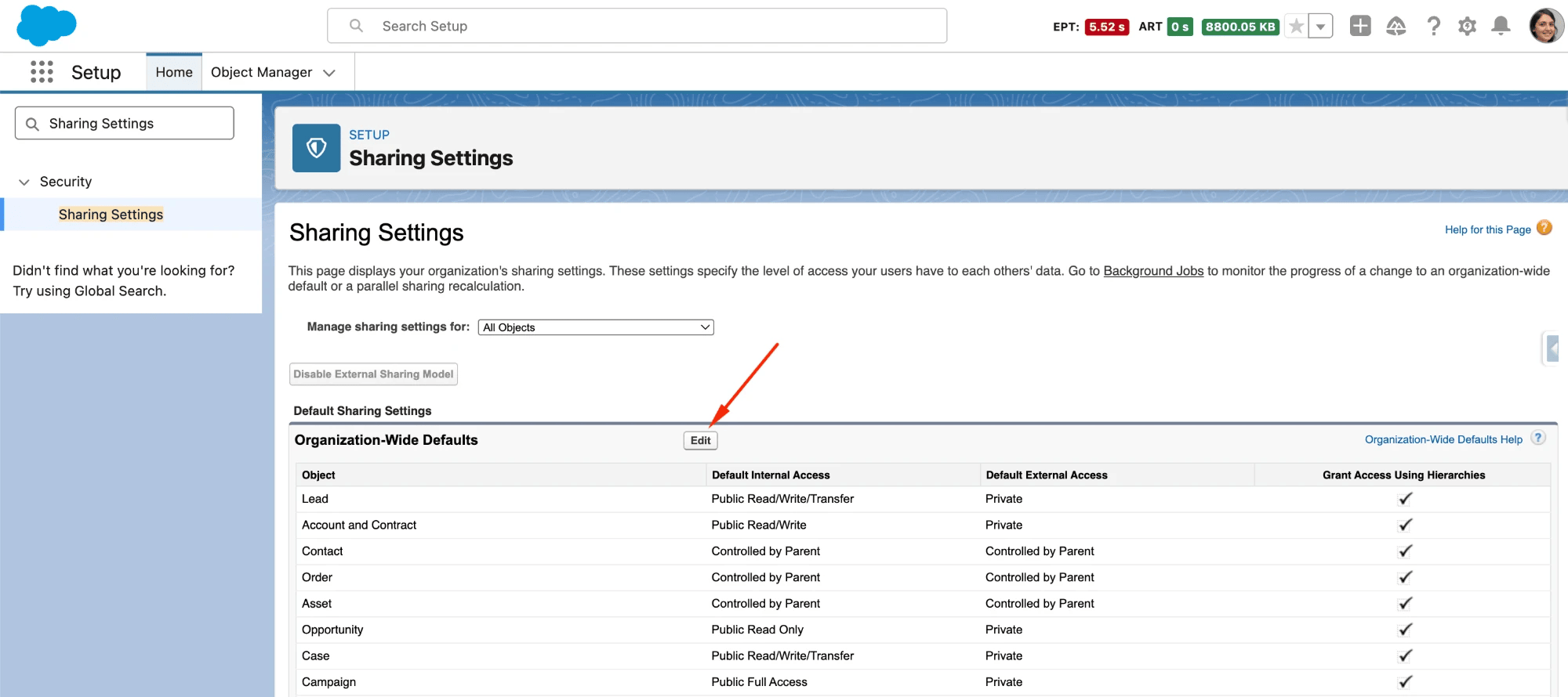 Aktion Edit für Organization-Wide Defaults