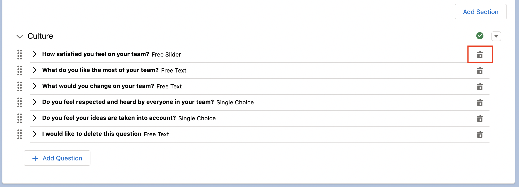 Remove questions from a feedback assessment