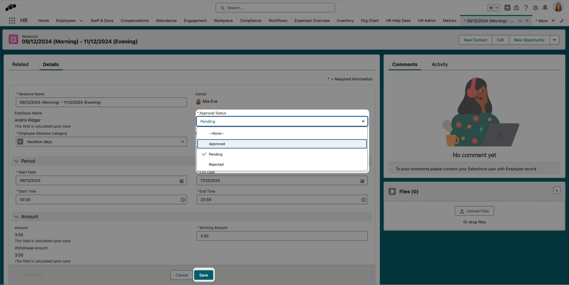 Auf Abwesenheitsanträge in Salesforce reagieren