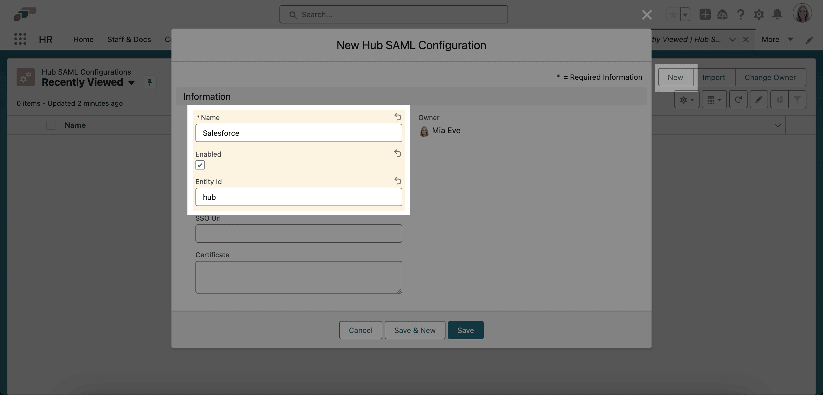Ansicht SAML-Konfiguration für SAML-SSO mit Salesforce konfigurieren, Schritt 2