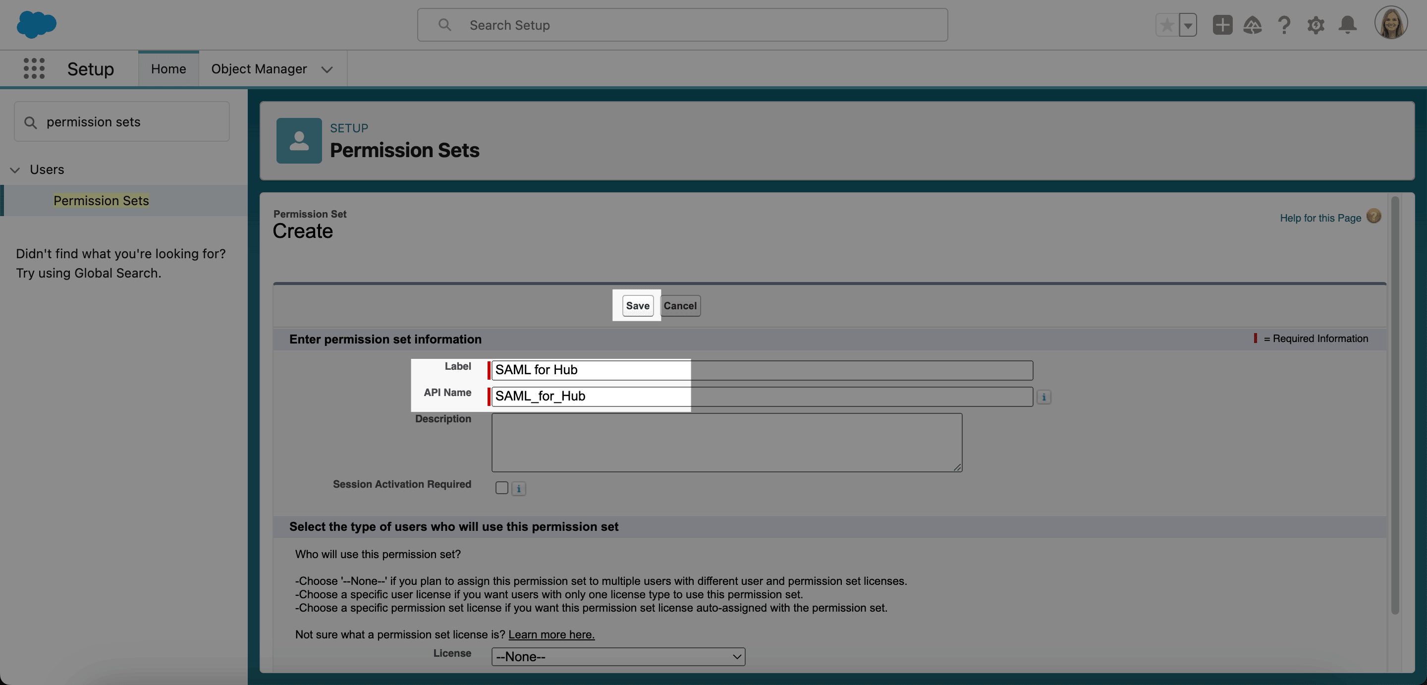 Ansicht SAML-Berechtigung für SAML-SSO mit Salesforce konfigurieren, Schritt 2