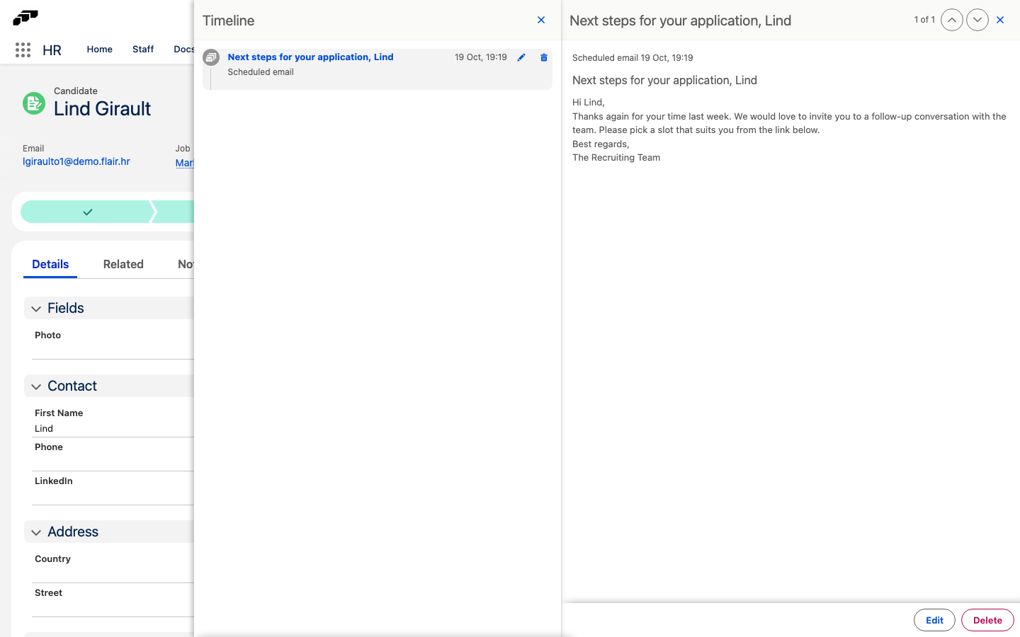 Vorschau einer geplanten E-Mail im Seitenbereich der Zeitleiste mit ausgefüllten Merge-Feldern und den Schaltflächen Bearbeiten und Löschen
