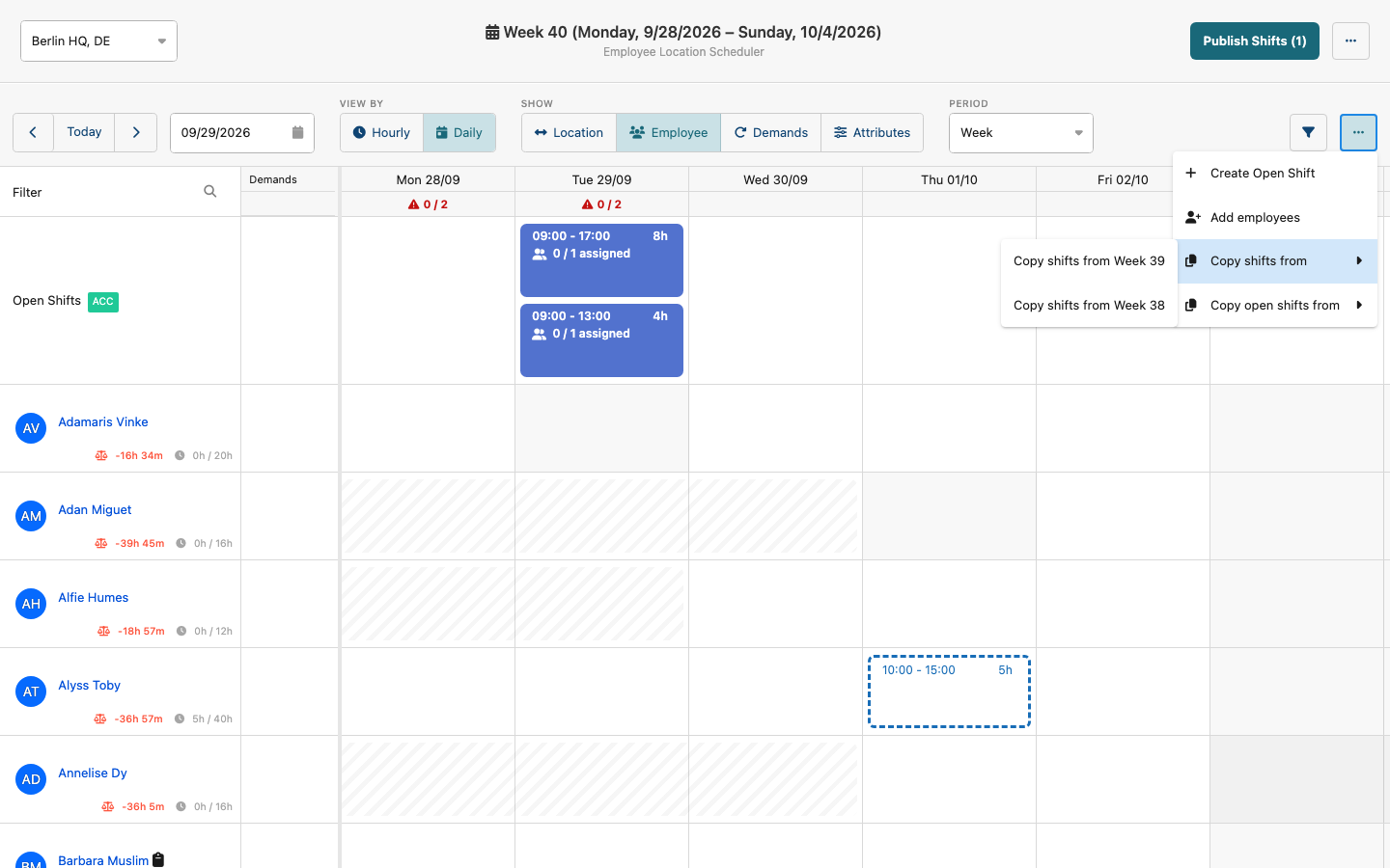 Copy shifts from a previous week in the planner menu