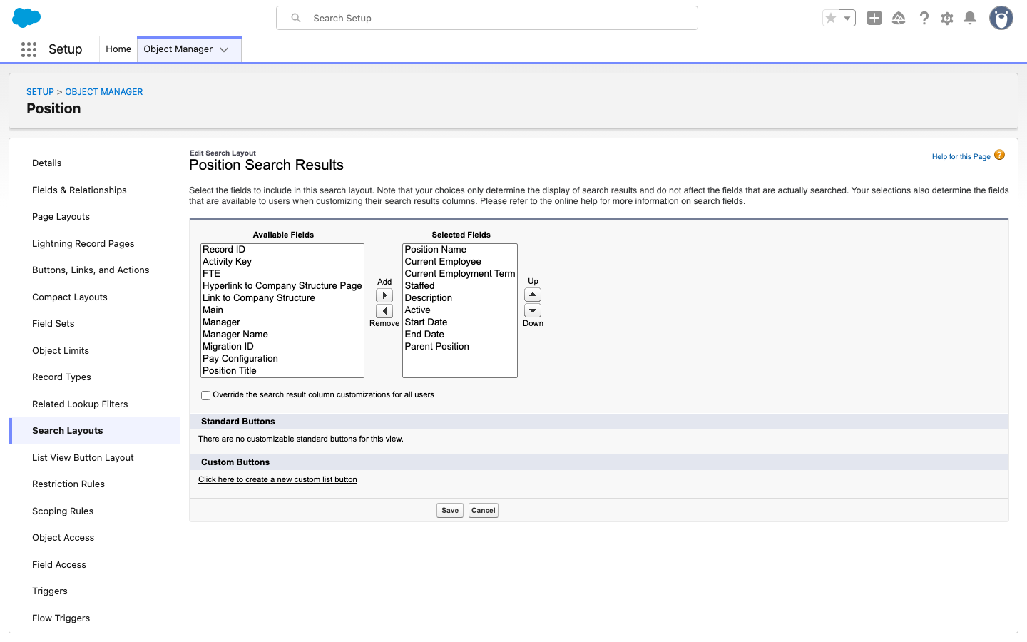 Der Editor für das Suchlayout von Position mit den Listen Available Fields und Selected Fields