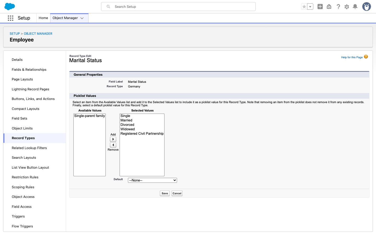 Die Picklist-Bearbeitungsseite eines Datensatztyps mit den Listen Available Values und Selected Values