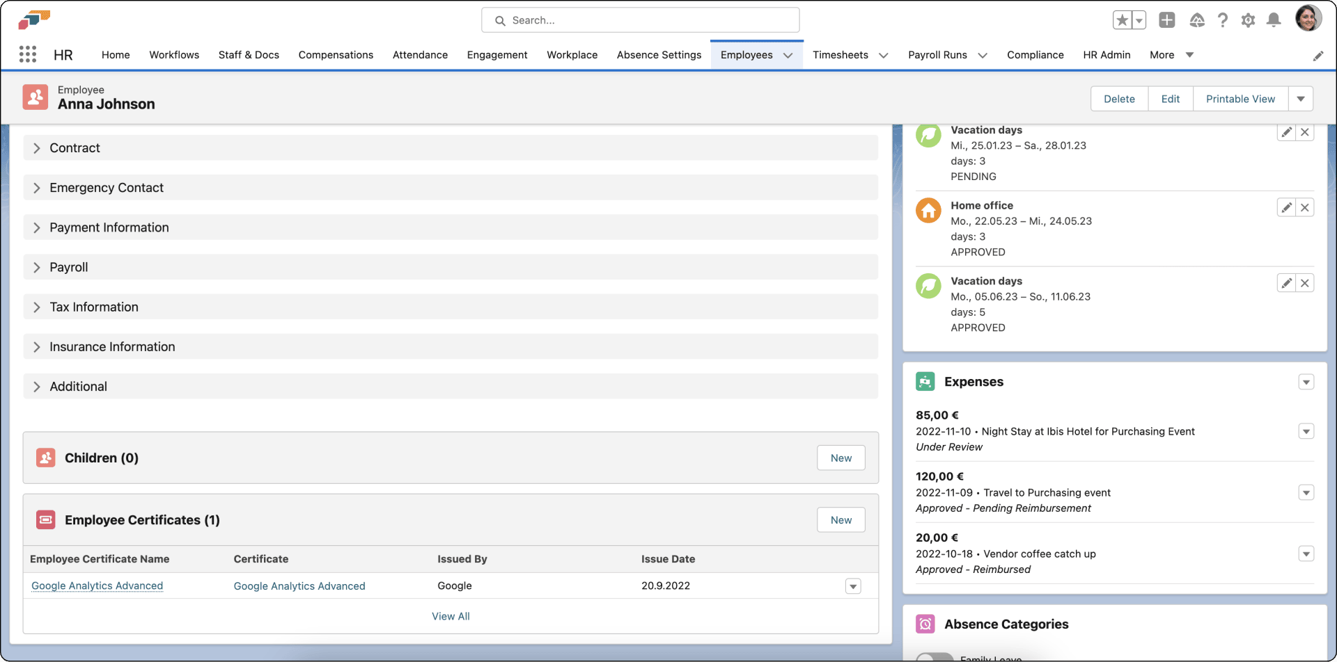 Bereich Employee Certificates in flair HR