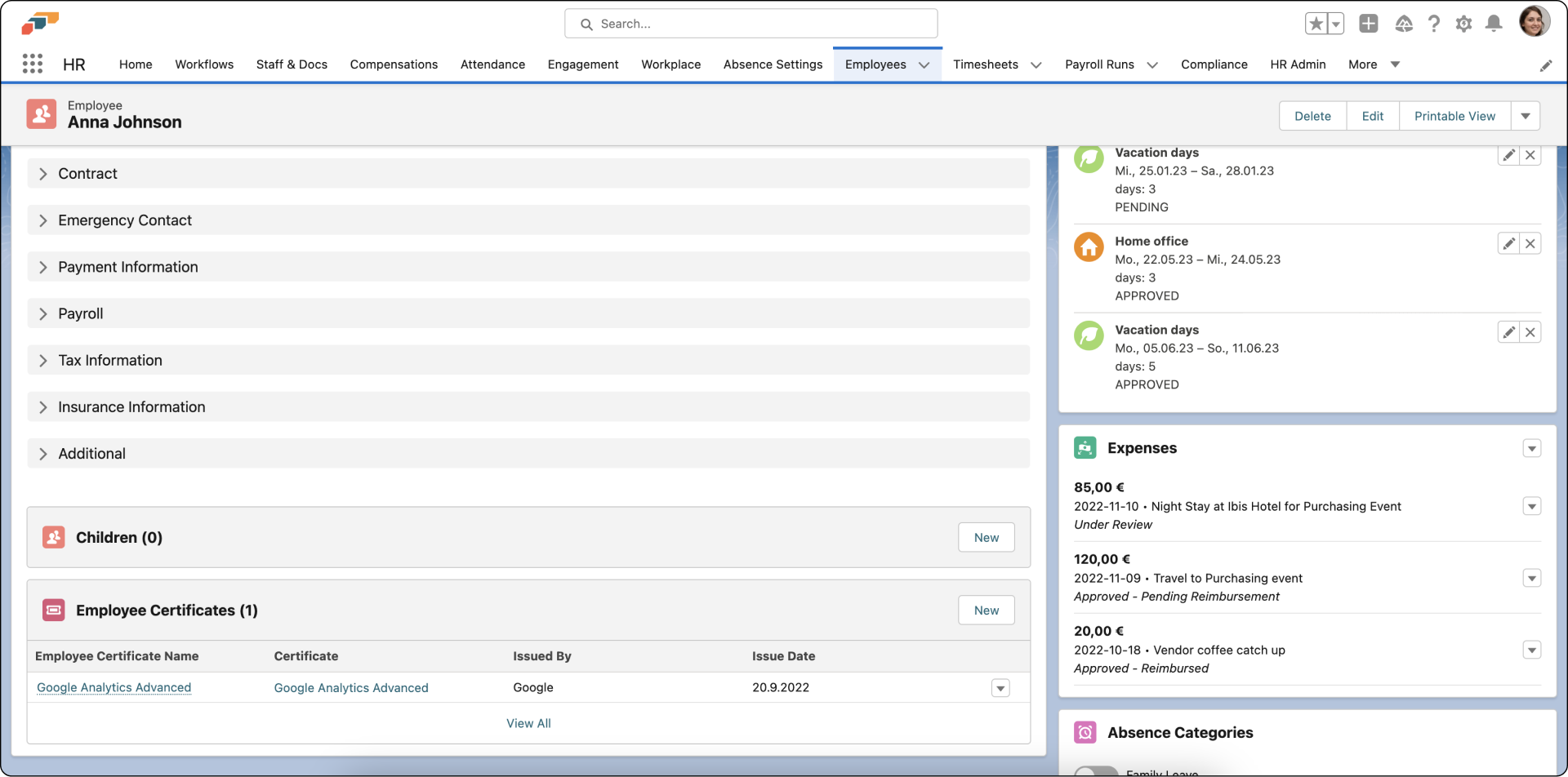 The employee certificates view in the flair HR app on Salesforce