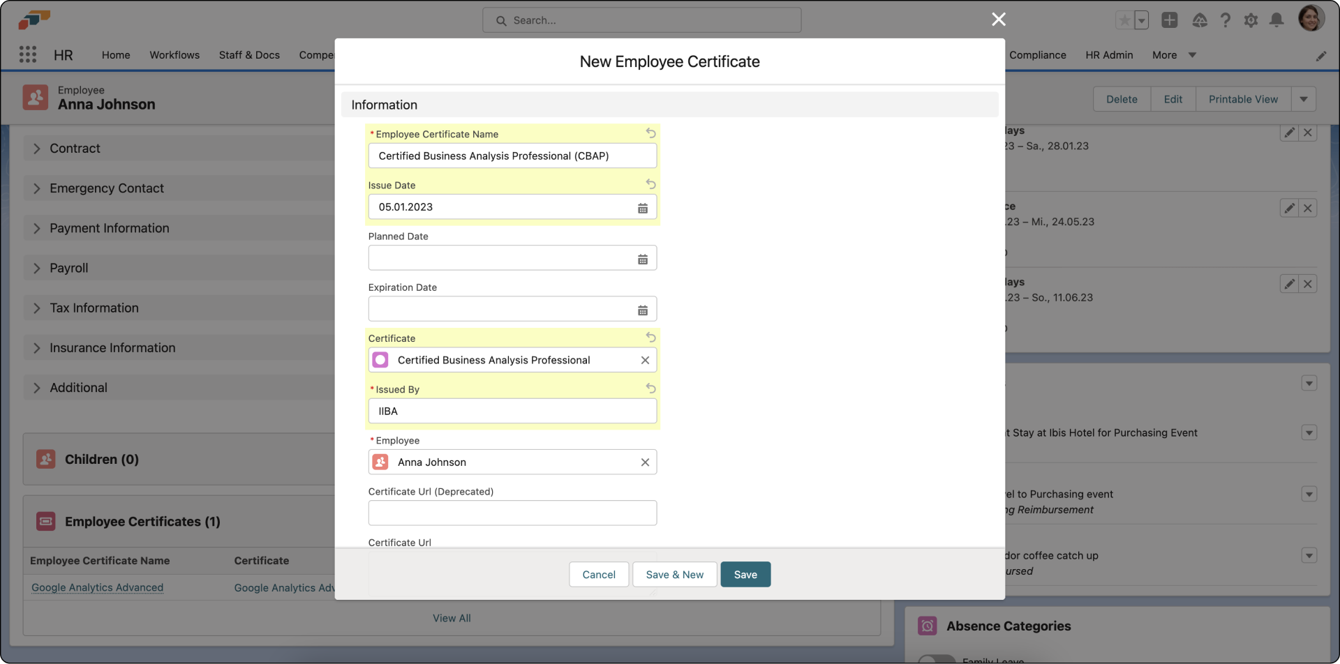 Adding an employee certificate in the flair HR app on Salesforce