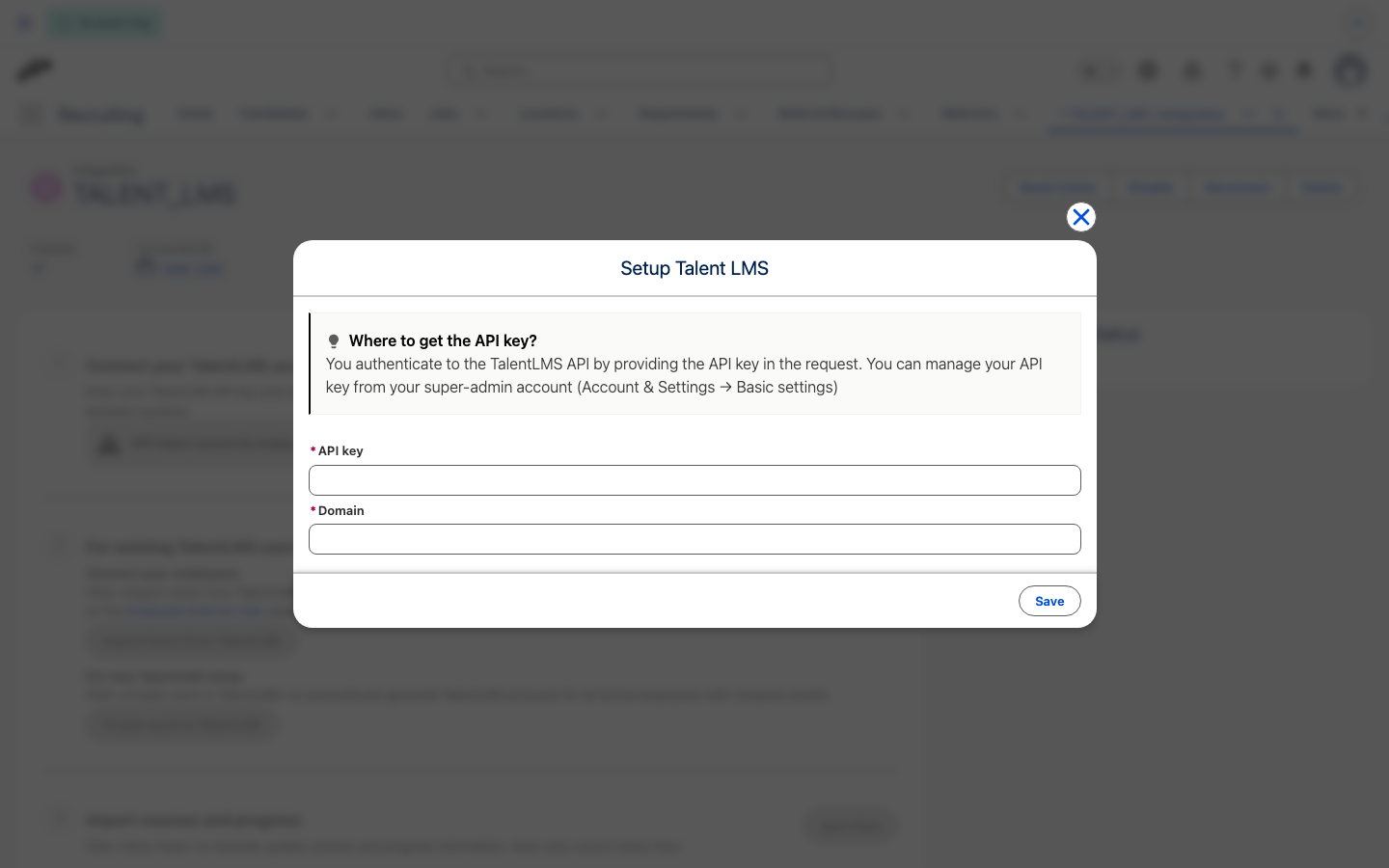 Der Dialog Talent LMS einrichten in Salesforce mit den Feldern API-Schlüssel und Domain