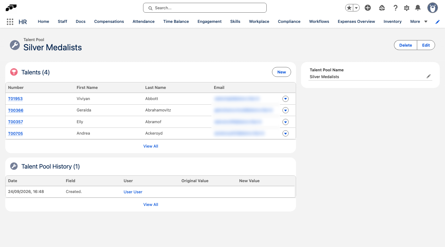 Eine Talentpool-Datensatzseite mit der zugehörigen Liste der Talente