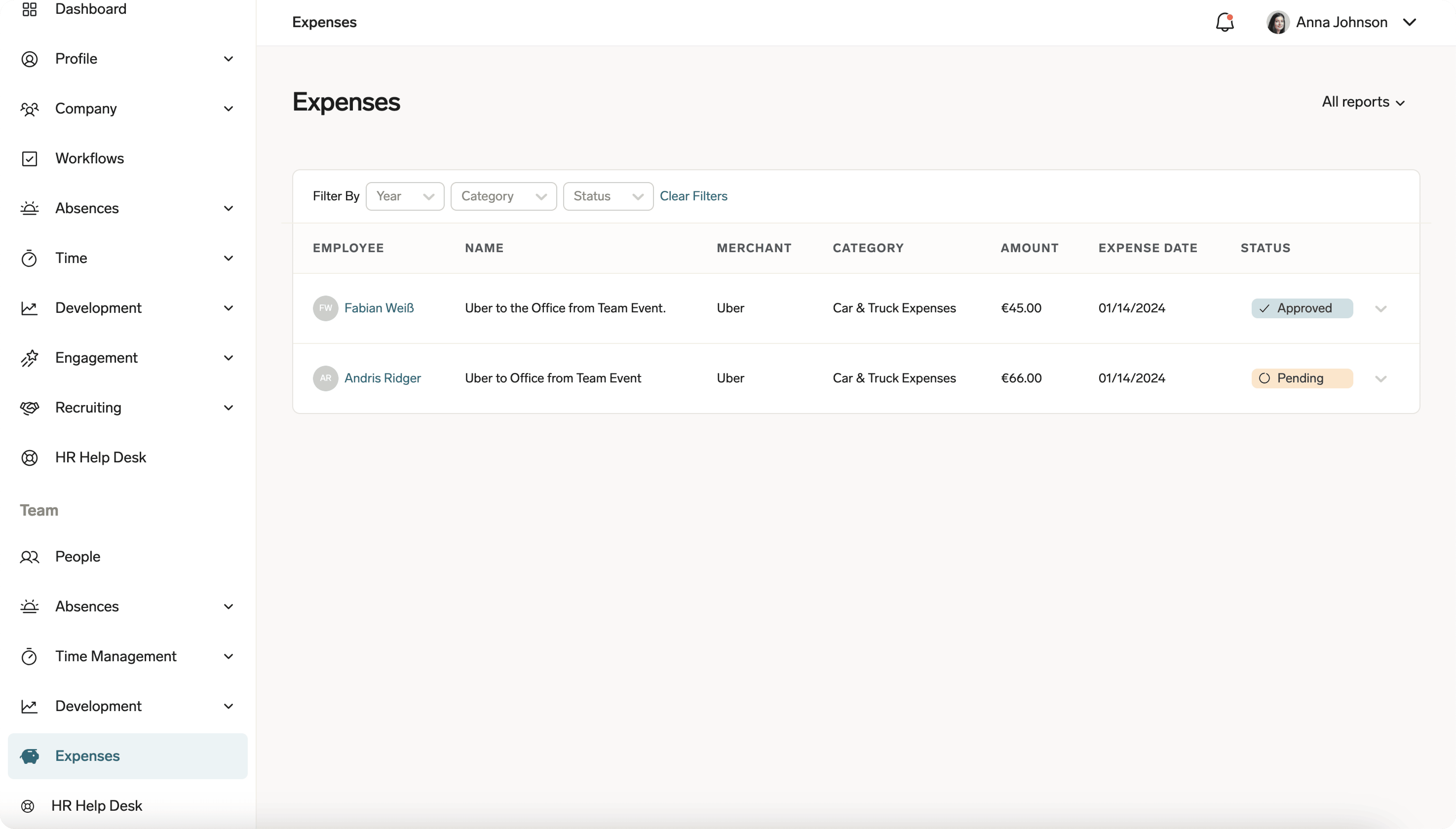Ausgabenanträge eines Teams im Employee Hub