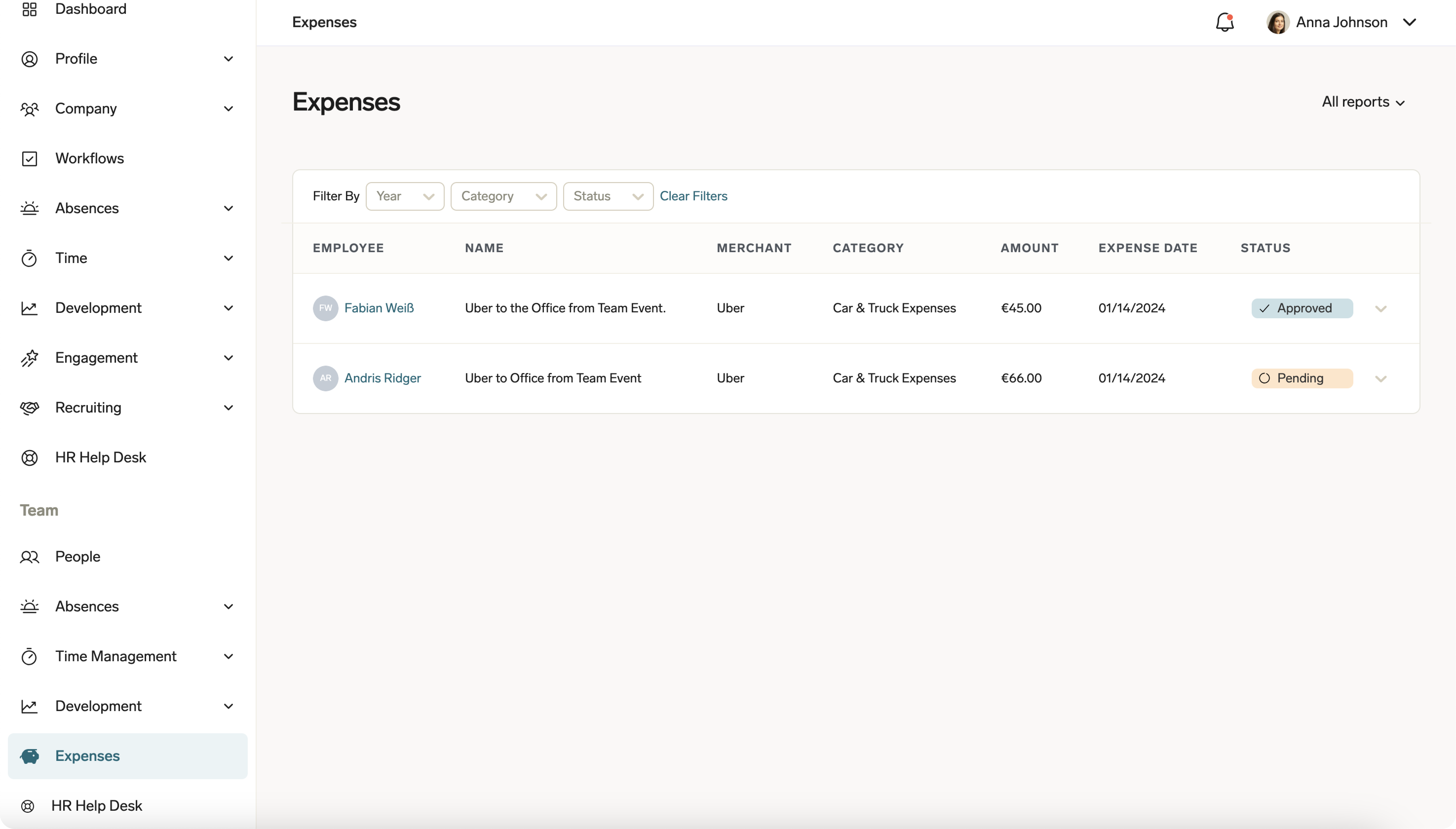 The expenses overview screen in the flair Employee Hub