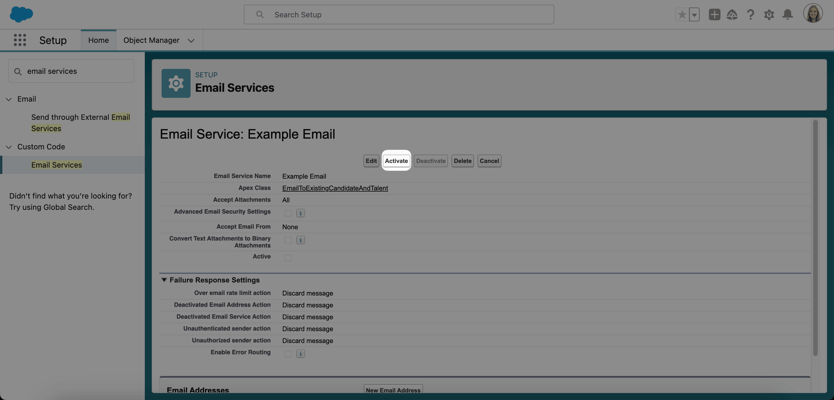 Aktion Activate für den Kandidaten-E-Mail-Dienst