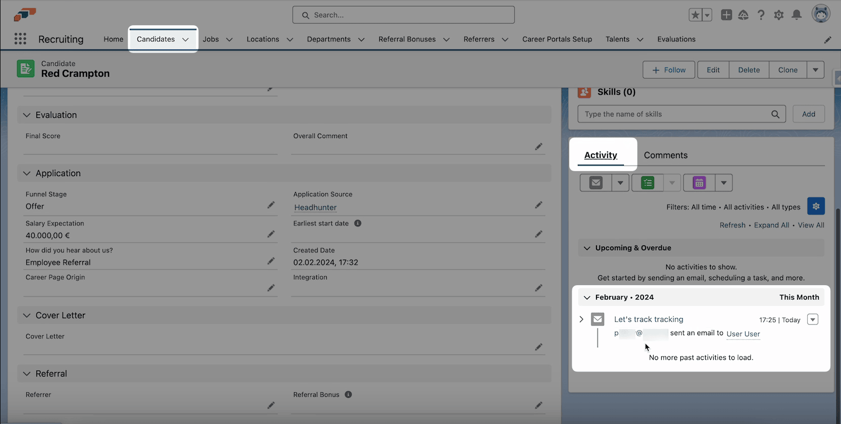 Erweiterte verfolgte E-Mail im Activity-Verlauf eines Kandidaten