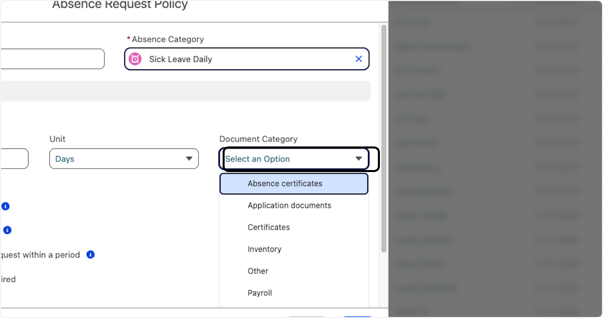 Wählen Sie die Abwesenheitskategorie aus, in der das Dokument gespeichert werden soll