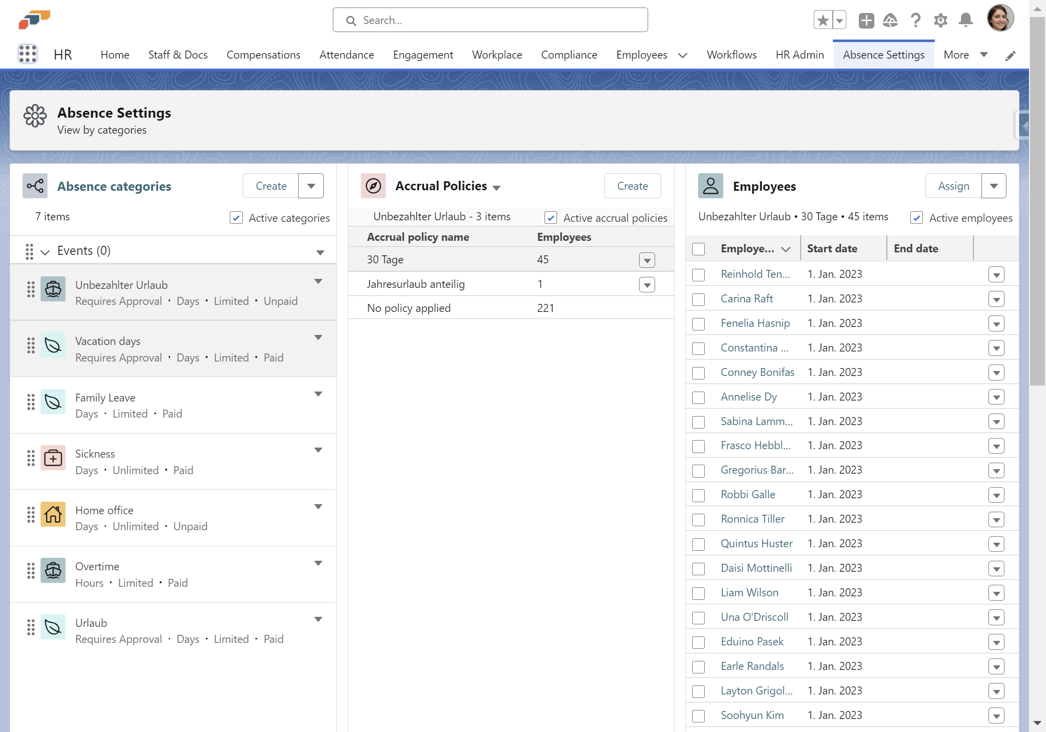Klicken Sie auf eine Abwesenheitskategorie