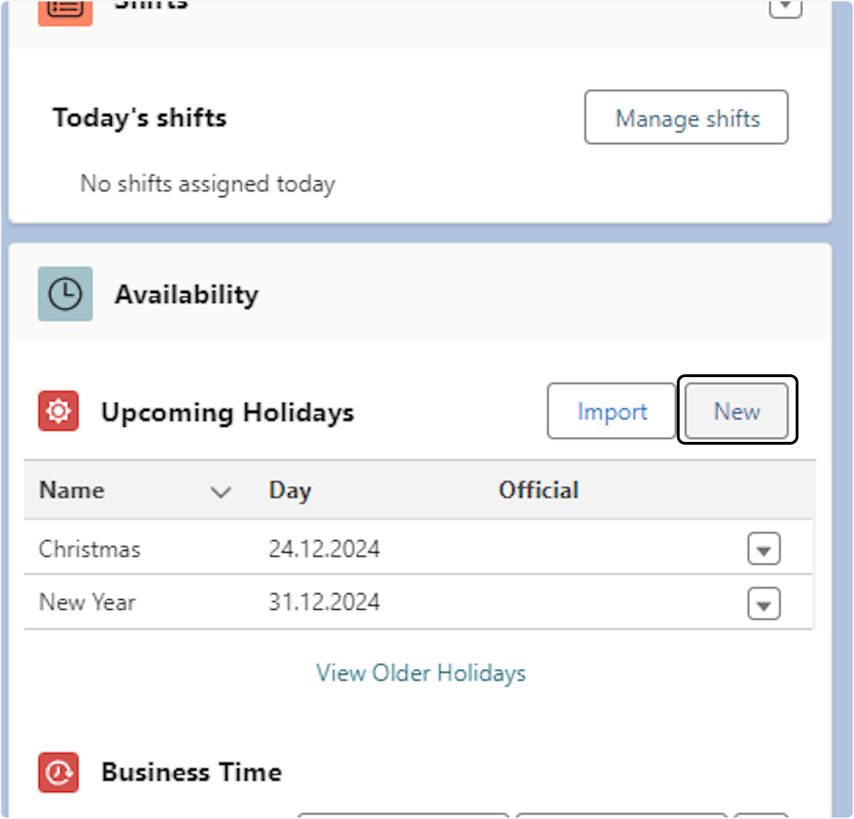 Klicken Sie im Bereich Upcoming Holiday auf New