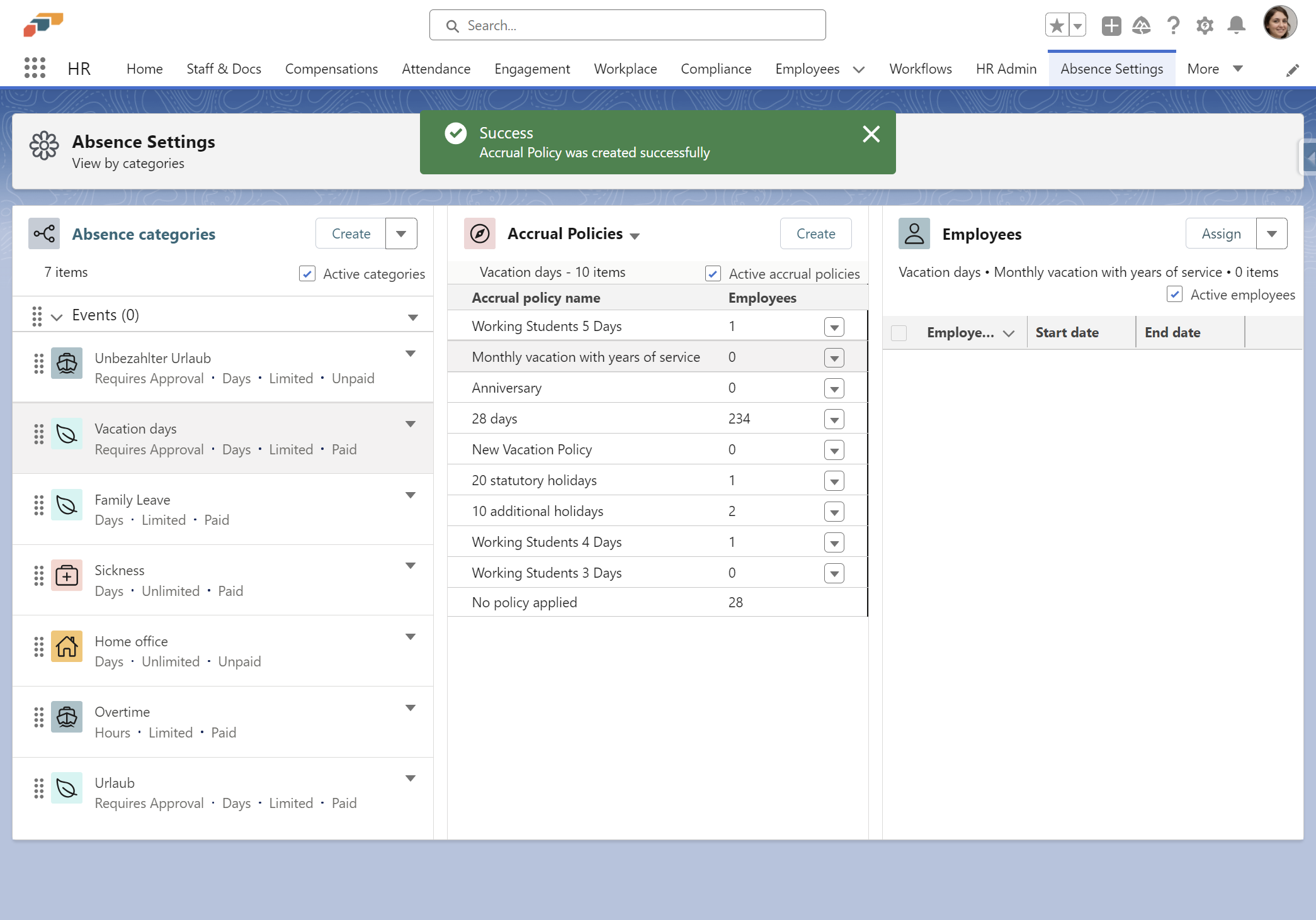 Um einen Mitarbeiter zuzuweisen, navigieren Sie zur Listenansicht der Mitarbeiter und klicken Sie auf Assign.