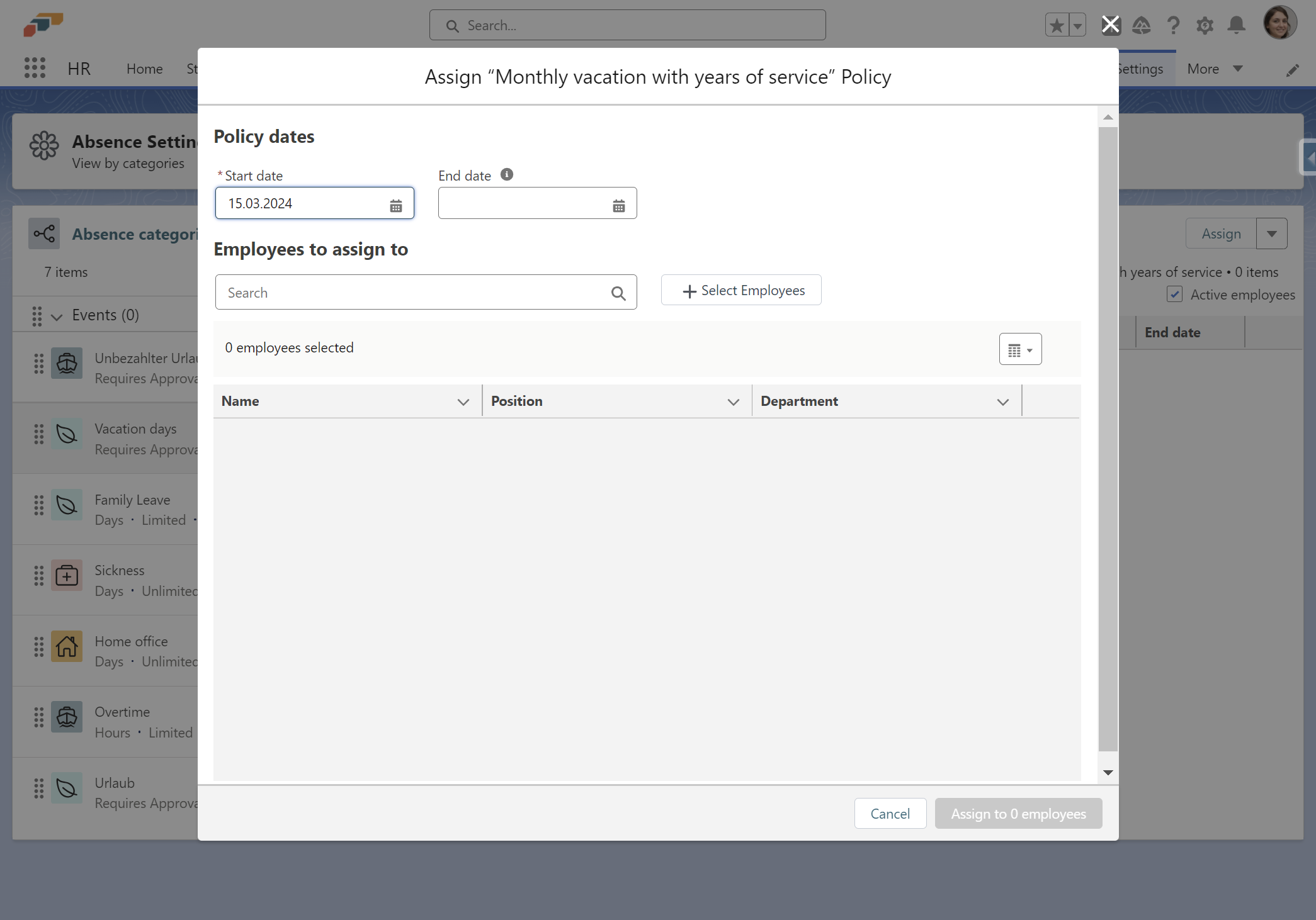 Um mehrere Mitarbeiter auf einmal zuzuweisen, klicken Sie auf Select Employees.