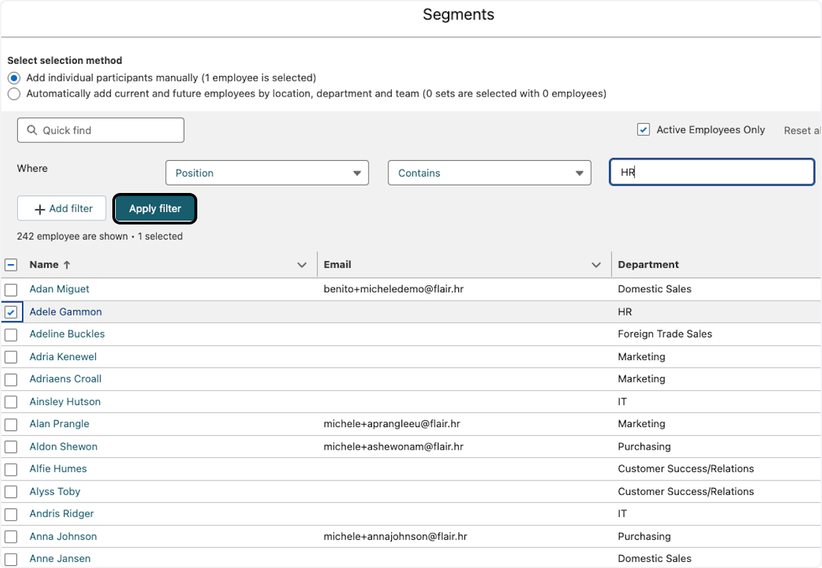 Define your search and click Apply filter