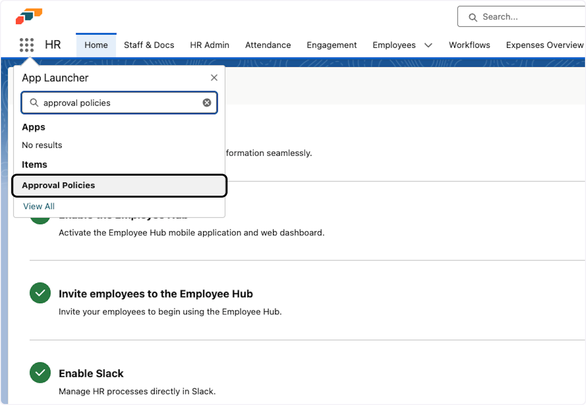Use the App Launcher to look for Approval Policies
