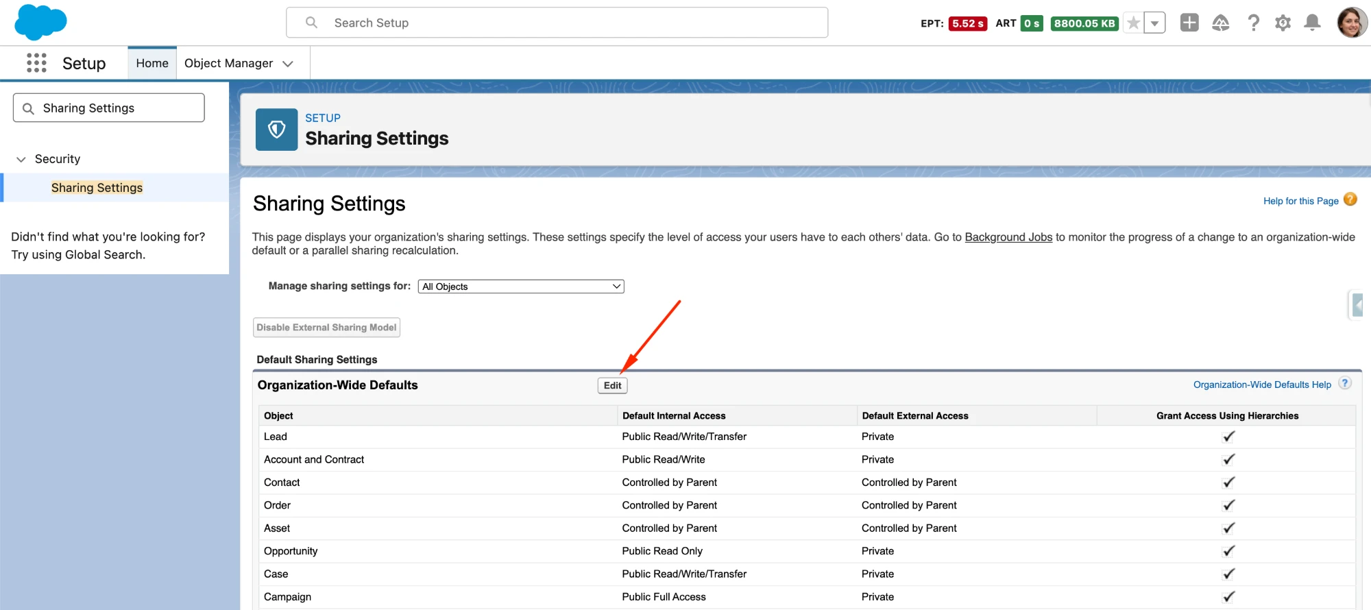 Click Edit next to Organization-Wide Defaults