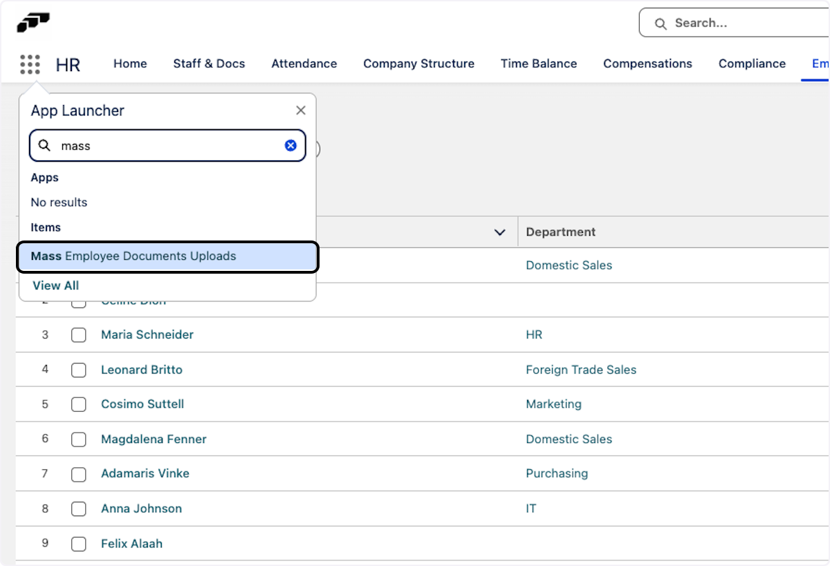 Click on the App Launcher and Search for Mass Employee Documents Uploads