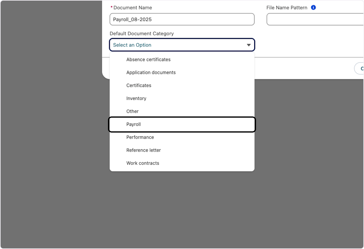 Next, choose the type of document you are uploading. For example, select Payroll as the Default Document Category.