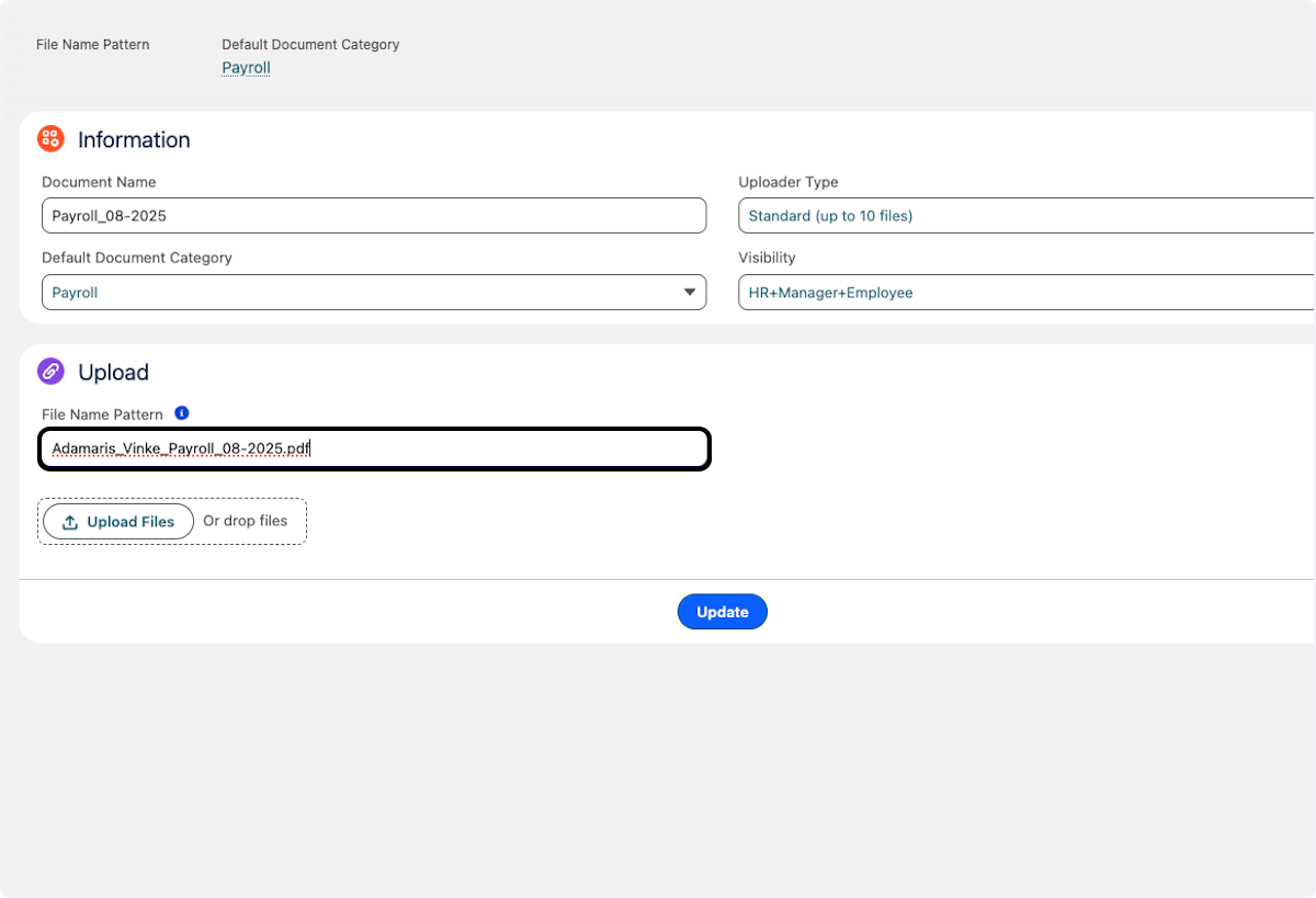Within the template, it is also possible to give your documents a File Name Pattern. For example, {{flair__First_Name__c}}_{{flair__Last_Name__c}}.pdf. This is a quick way for the flair system to automatically assign documents to employees.