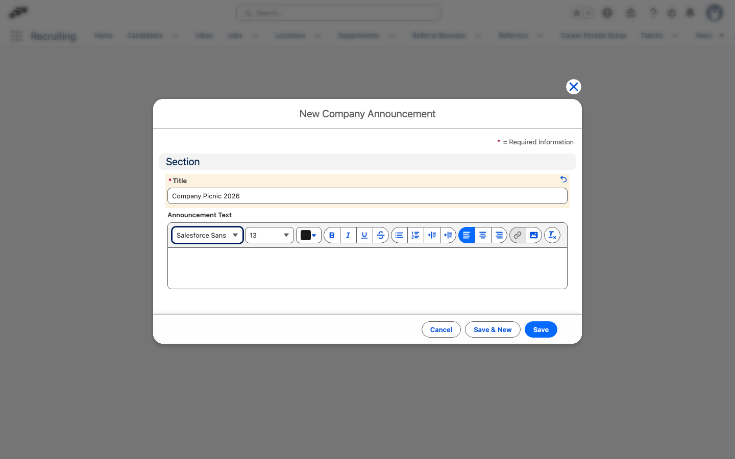 New Company Announcement form in Salesforce